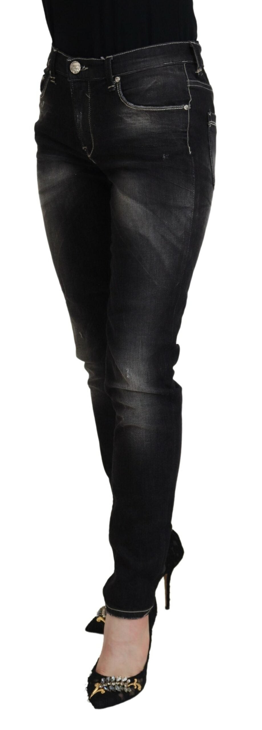 Acht Black Washed Mid Waist Tapered Women Casual Denim Jeans -   -  Acht.