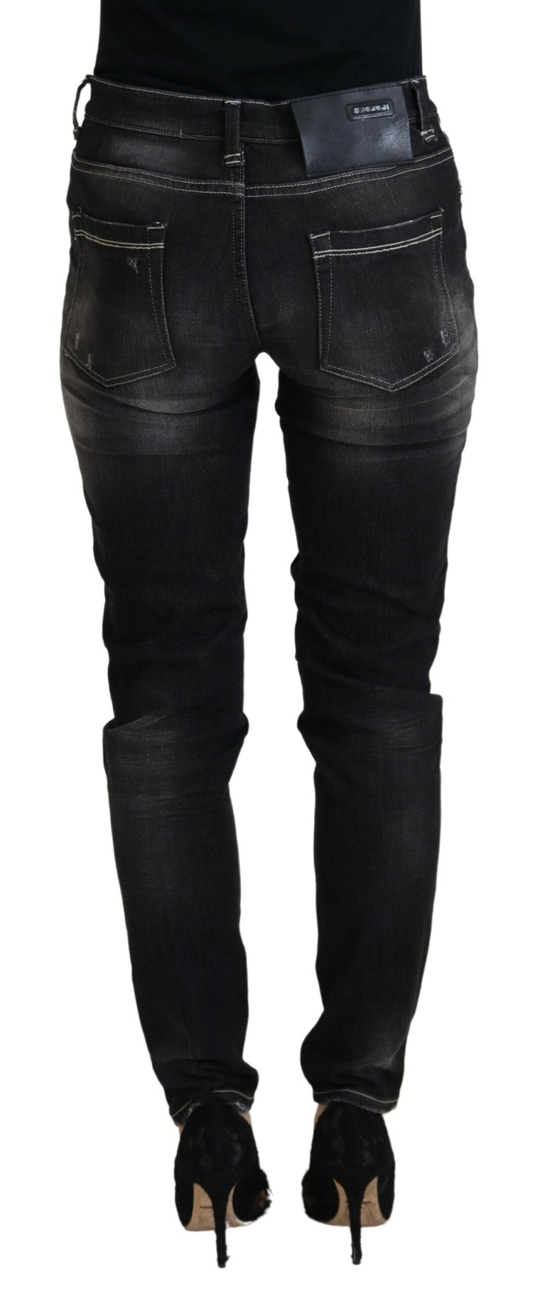 Acht Black Washed Mid Waist Tapered Women Casual Denim Jeans -   -  Acht.