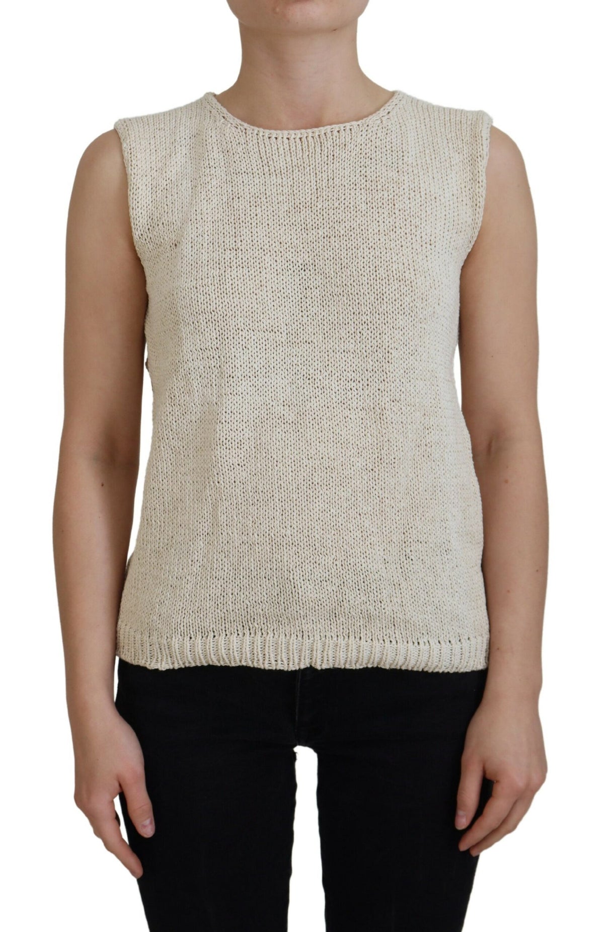 PINK MEMORIES Beige Cotton Blend Sleeveless Round Neck Tank Top -   -  PINK MEMORIES.