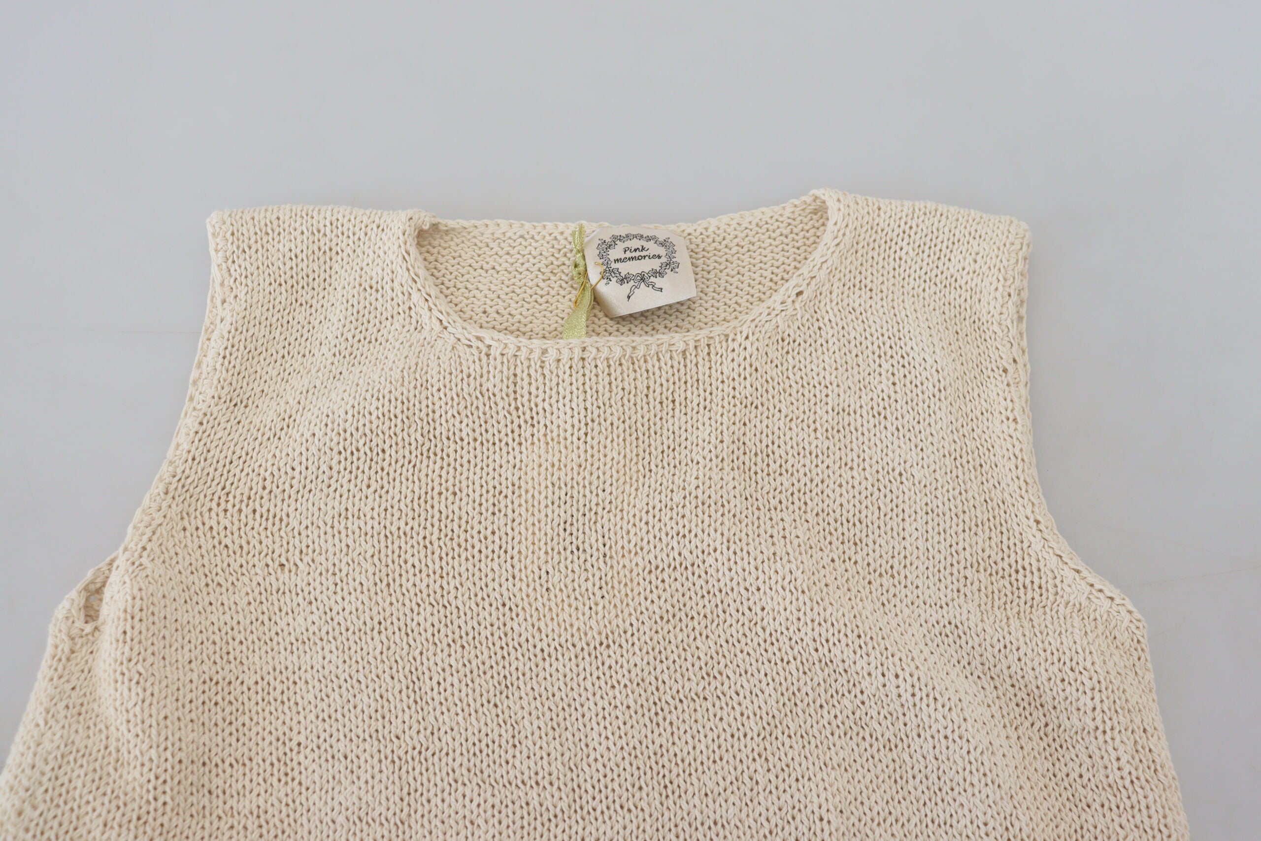 PINK MEMORIES Beige Cotton Blend Sleeveless Round Neck Tank Top -   -  PINK MEMORIES.