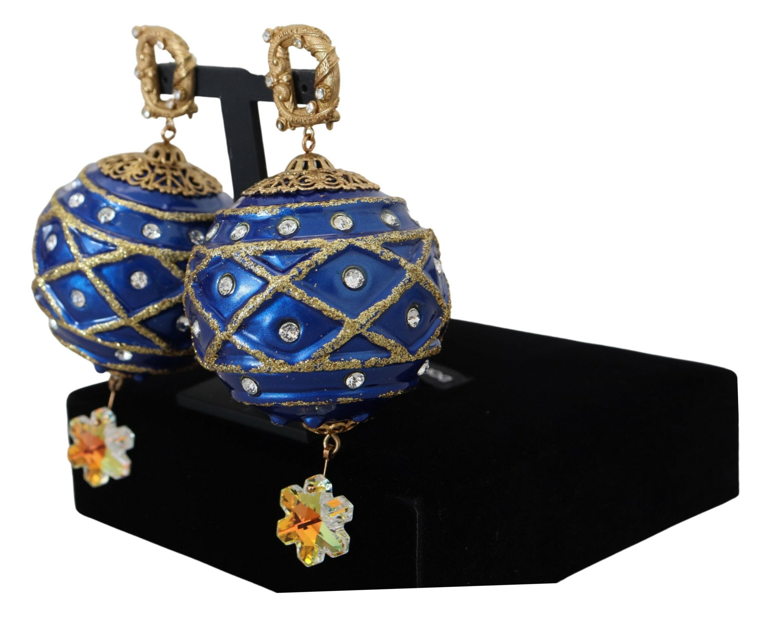 Dolce & Gabbana Gold Brass Blue Dangle Ball Crystal Clip On Earrings -   -  Dolce & Gabbana.
