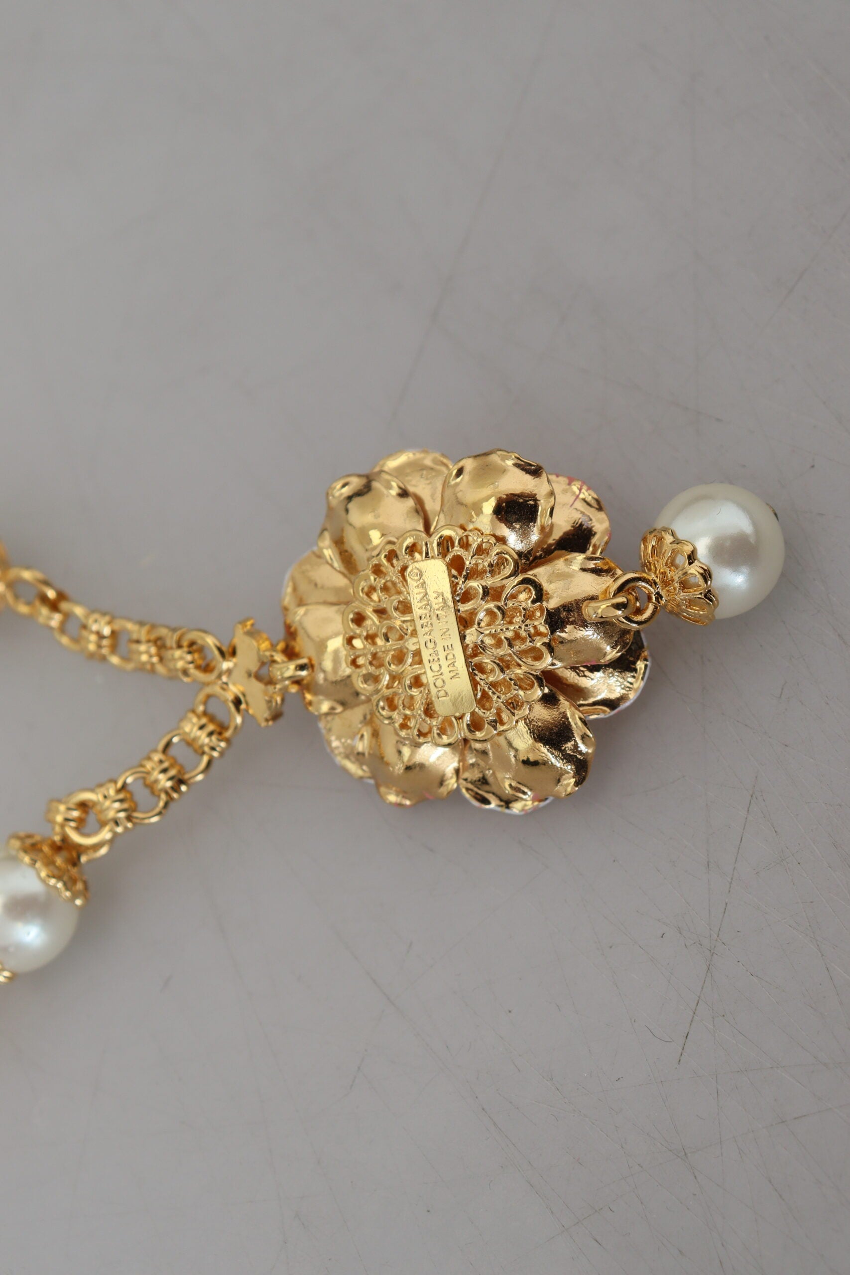 Dolce & Gabbana Gold Tone Floral Crystals Pink Embellished Necklace -   -  Dolce & Gabbana.