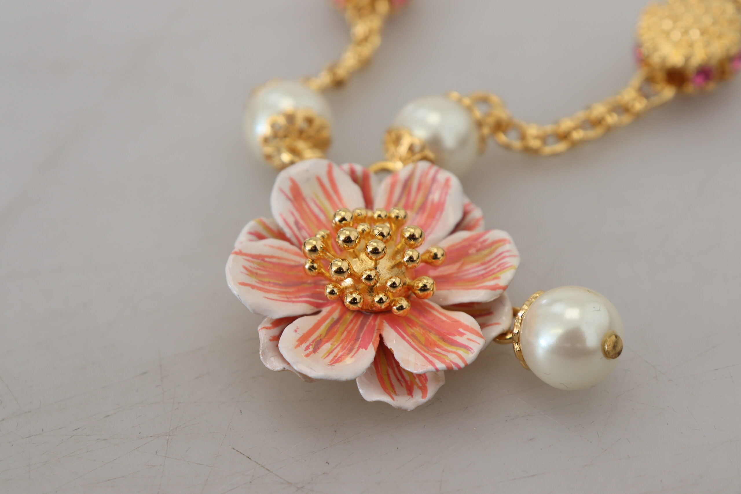 Dolce & Gabbana Gold Tone Floral Crystals Pink Embellished Necklace -   -  Dolce & Gabbana.