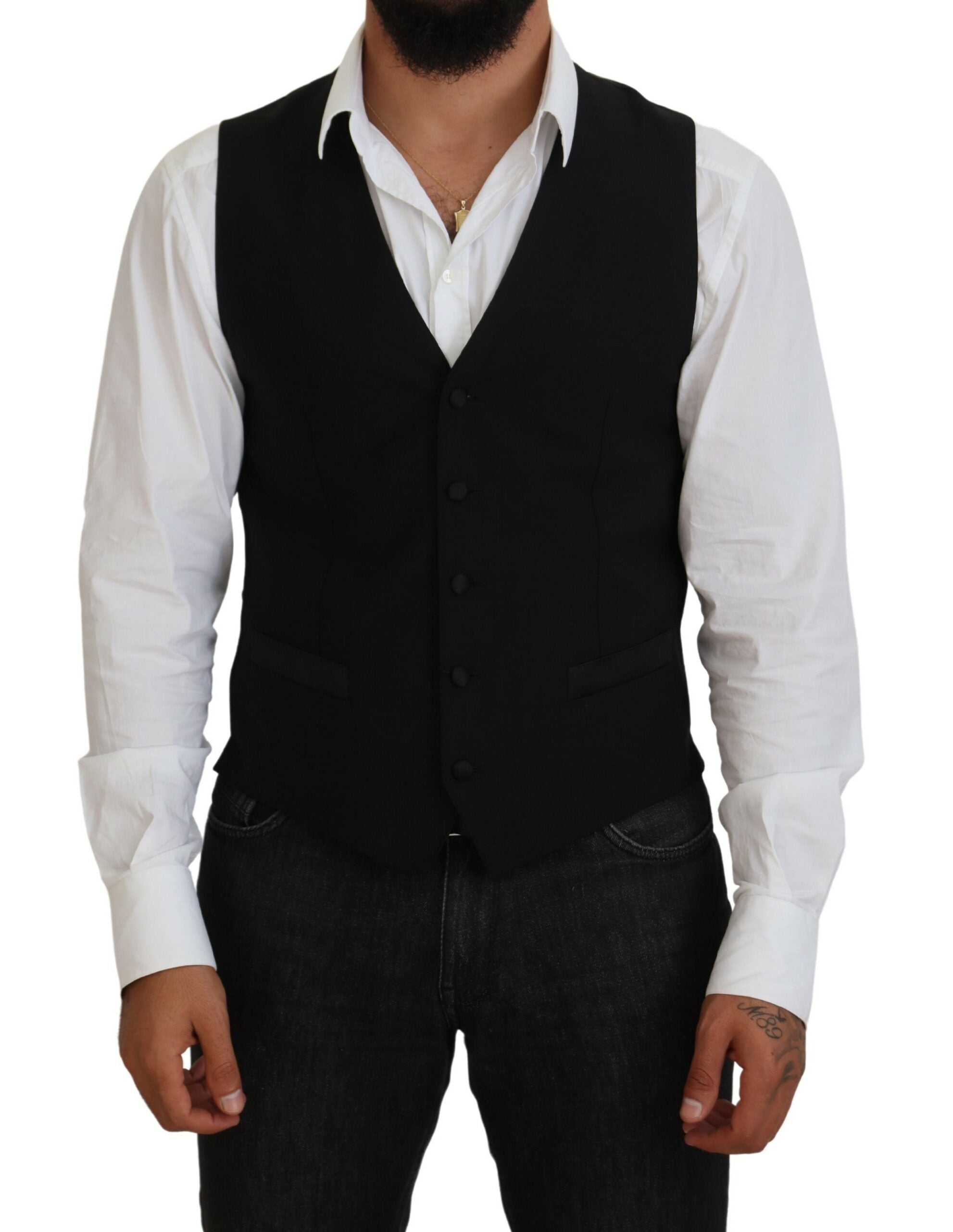 Dolce & Gabbana Black Virgin Wool Waistcoat Formal Vest -  Vests for Men Suits -  Dolce & Gabbana.