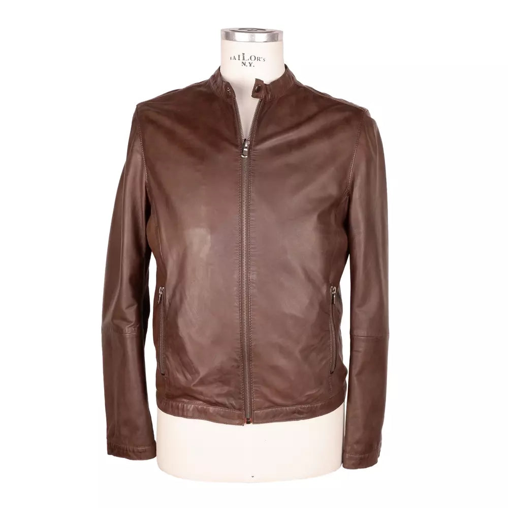 Emilio Romanelli Elegant Brown Leather Jacket with Snap Collar -   -  Emilio Romanelli.
