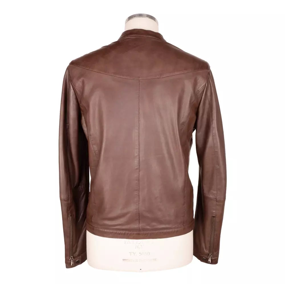 Emilio Romanelli Elegant Brown Leather Jacket with Snap Collar -   -  Emilio Romanelli.