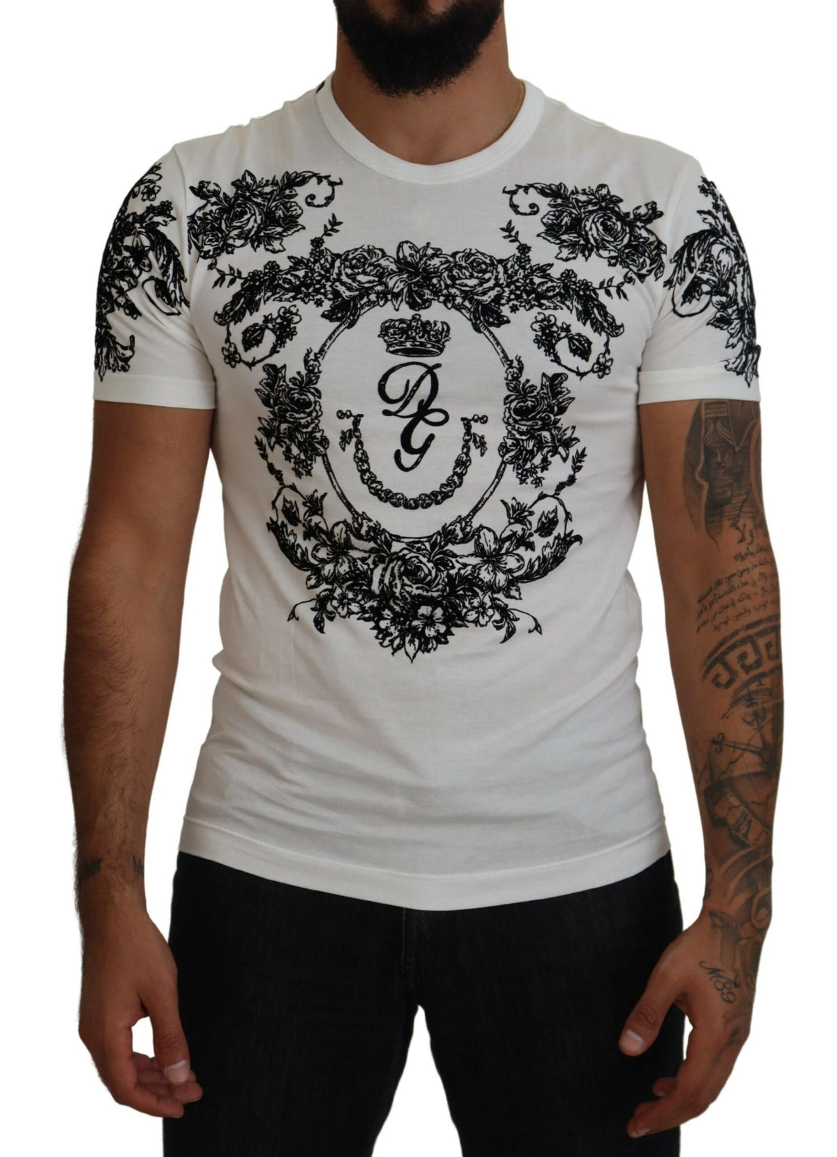 Dolce & Gabbana White DG Crown Floral Crewneck Men T-shirt -   -  Dolce & Gabbana.