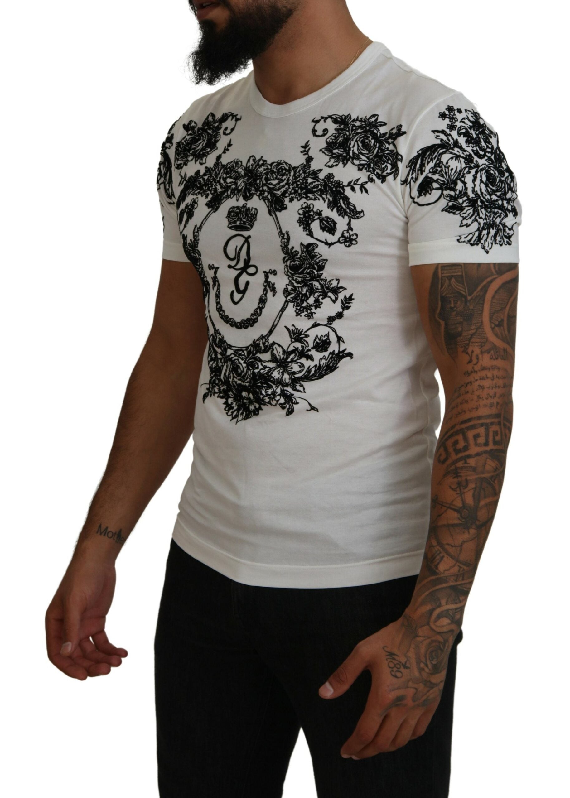 Dolce & Gabbana White DG Crown Floral Crewneck Men T-shirt -   -  Dolce & Gabbana.
