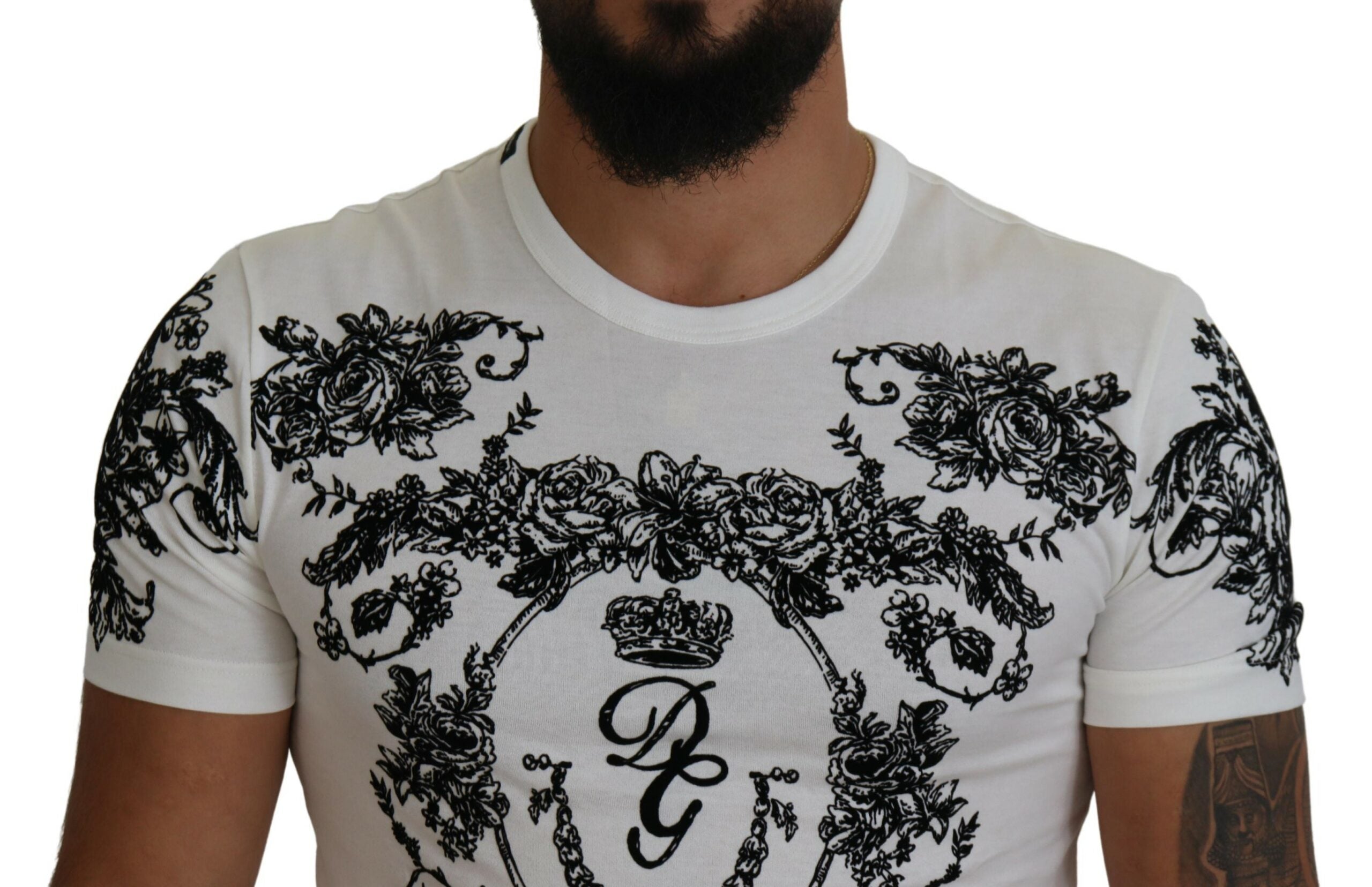 Dolce & Gabbana White DG Crown Floral Crewneck Men T-shirt -   -  Dolce & Gabbana.