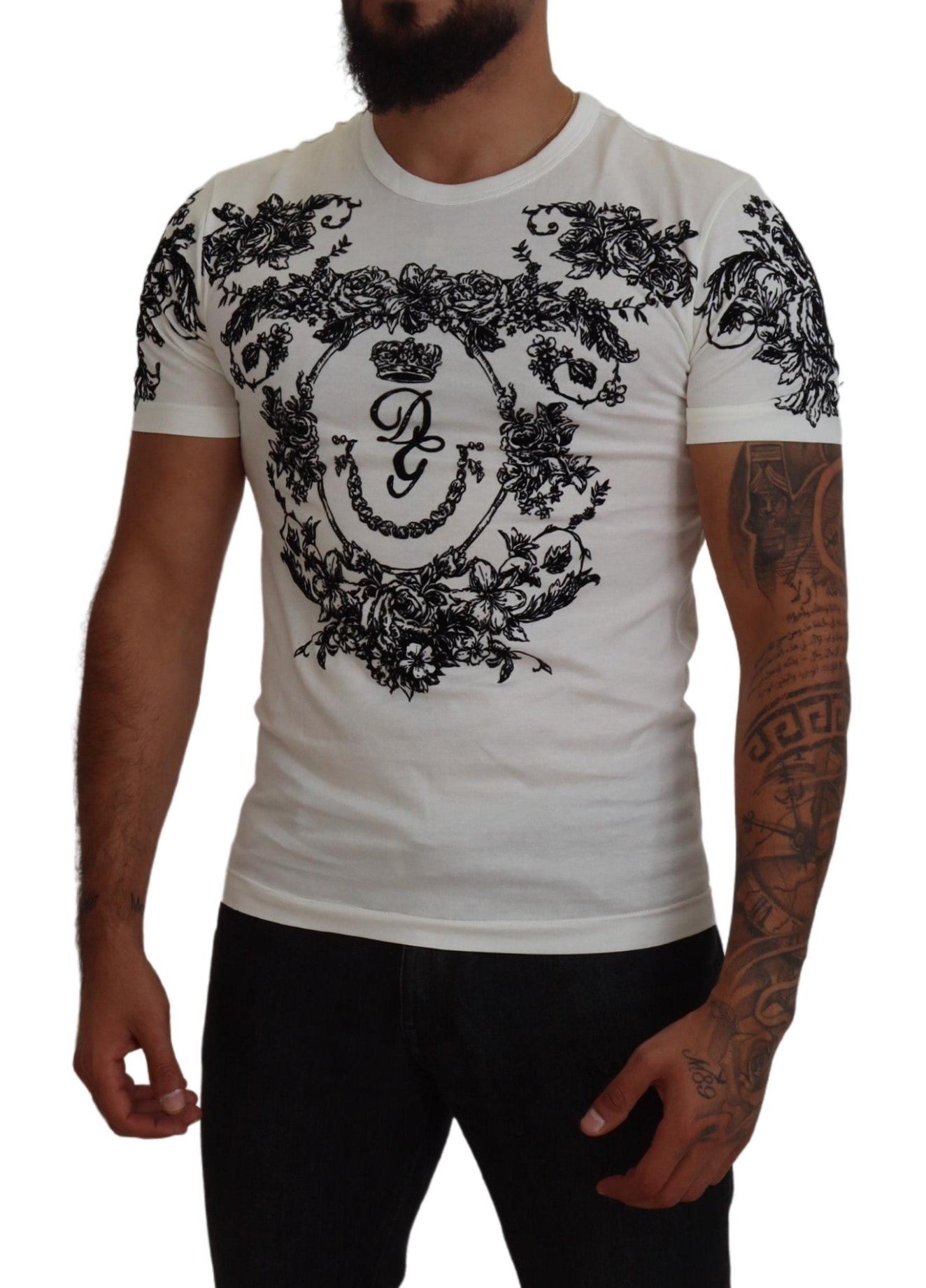 Dolce & Gabbana White DG Crown Floral Crewneck Men T-shirt -   -  Dolce & Gabbana.