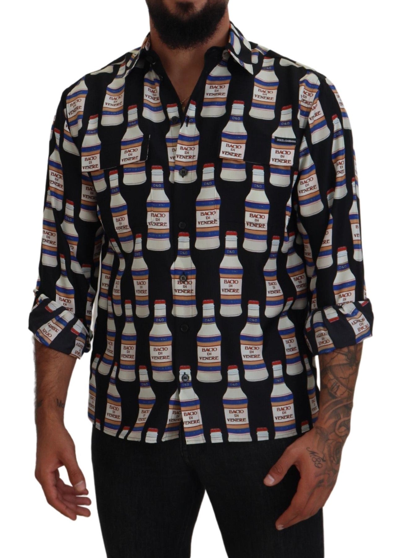 Dolce & Gabbana Black Silk Printed Collared Men Casual Shirt -   -  Dolce & Gabbana.