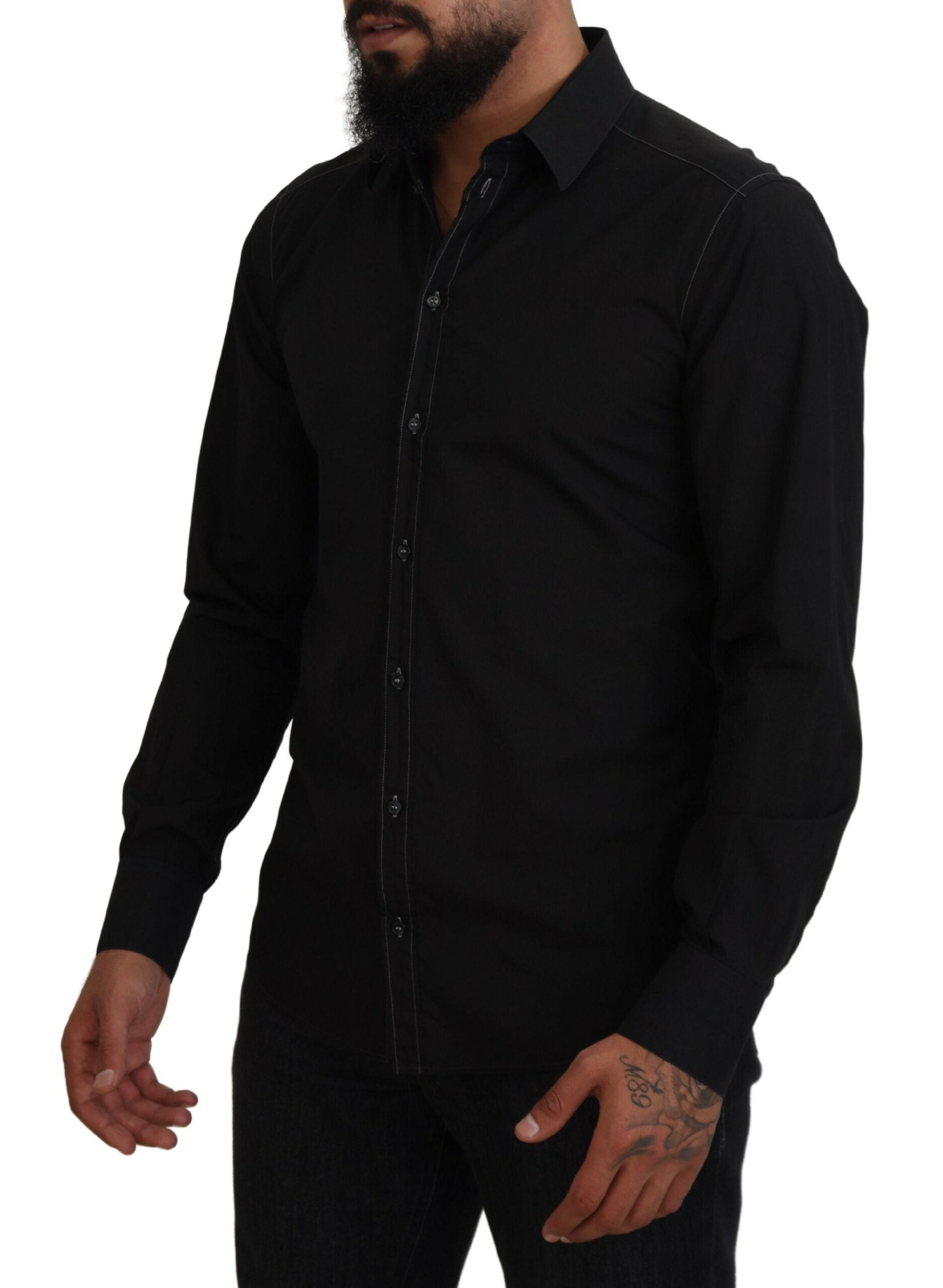 Dolce & Gabbana Black Cotton Collared Long Sleeve GOLD Shirt -   -  Dolce & Gabbana.