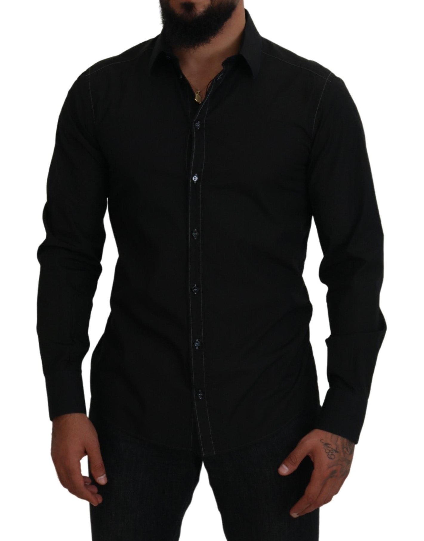 Dolce & Gabbana Black Cotton Collared Long Sleeve GOLD Shirt -   -  Dolce & Gabbana.