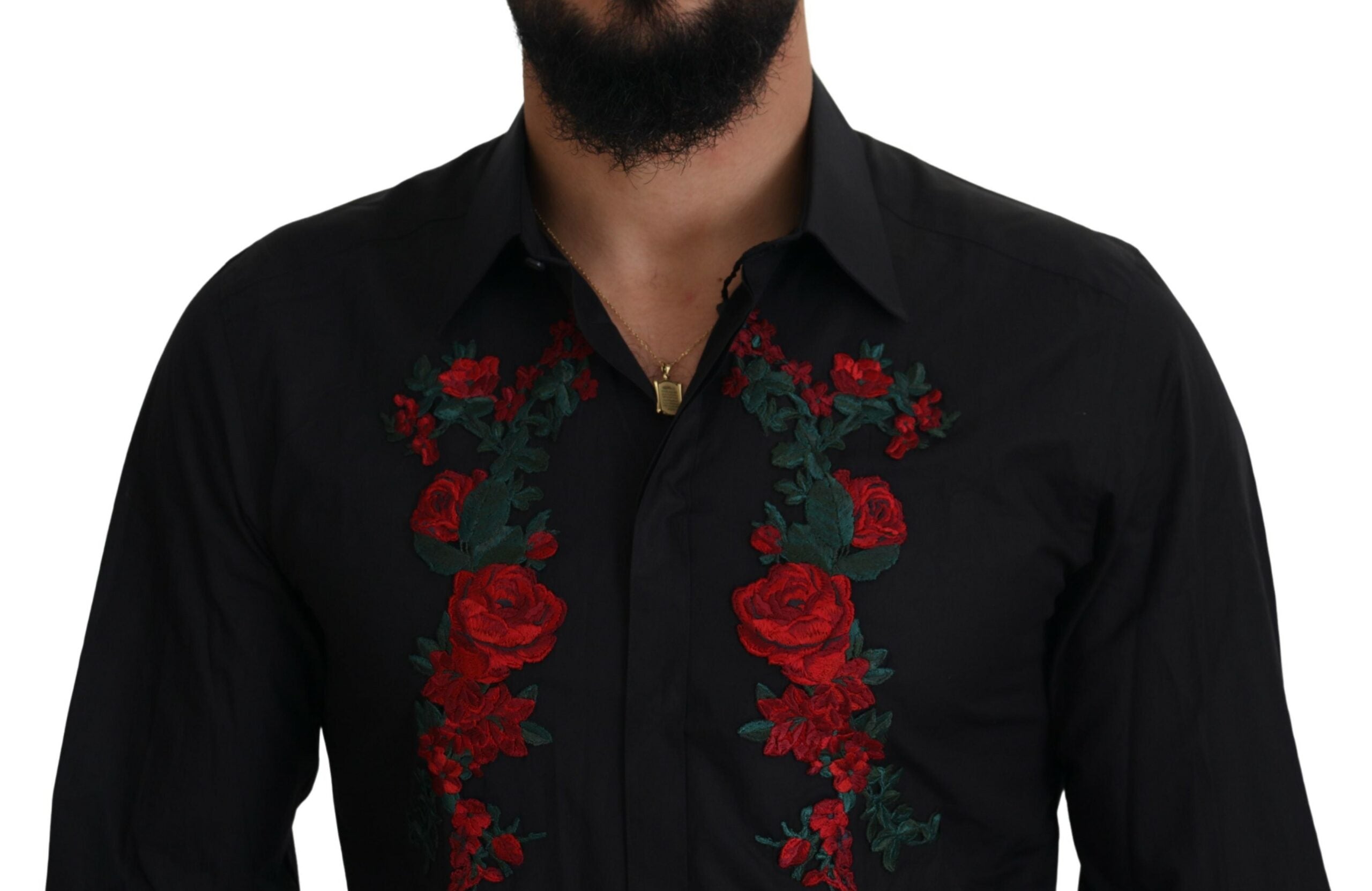Dolce & Gabbana Black Floral Embroidery Men Long Sleeves GOLD Shirt -   -  Dolce & Gabbana.