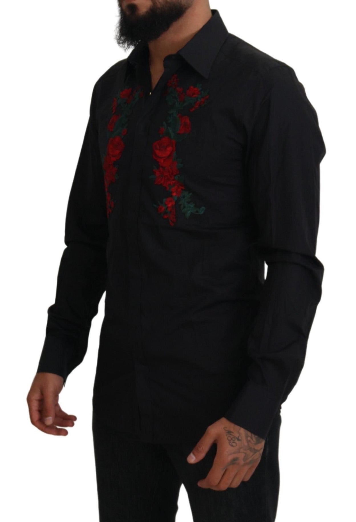 Dolce & Gabbana Black Floral Embroidery Men Long Sleeves GOLD Shirt -   -  Dolce & Gabbana.