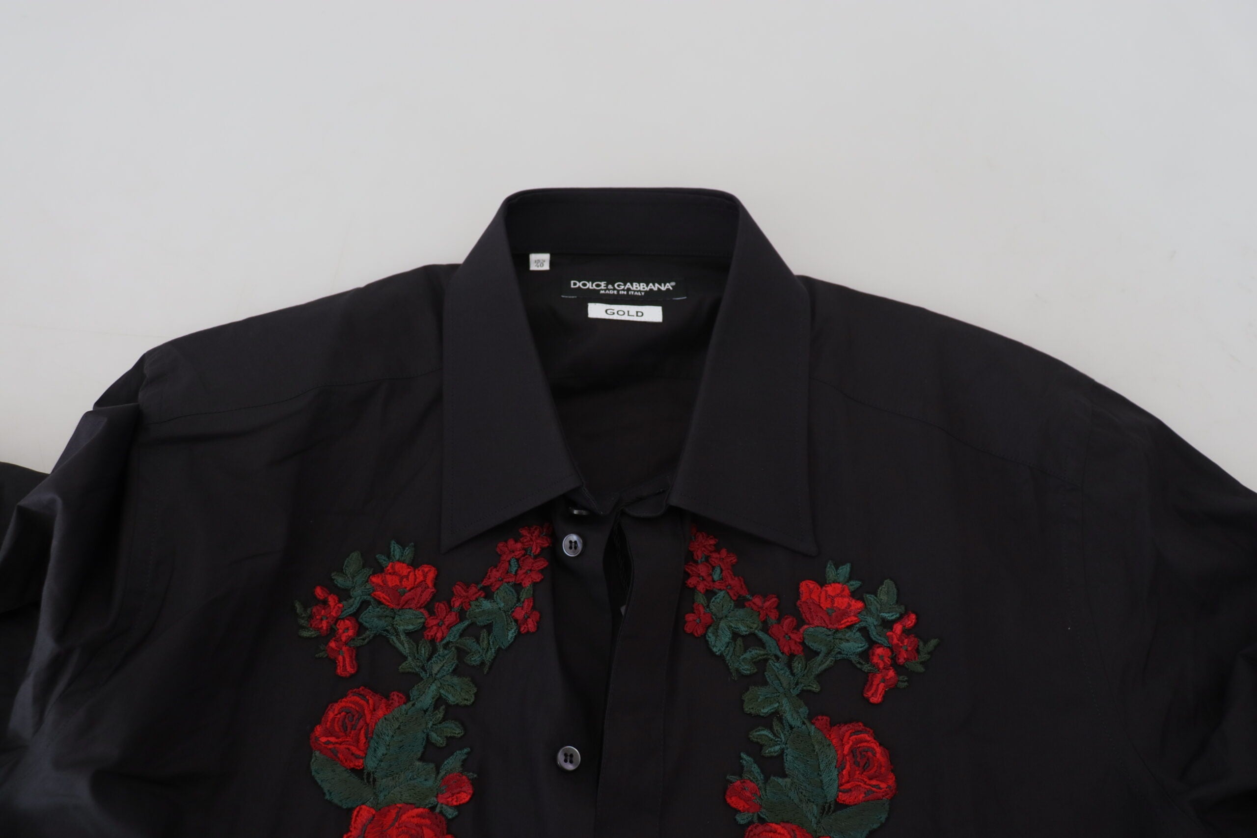 Dolce & Gabbana Black Floral Embroidery Men Long Sleeves GOLD Shirt -   -  Dolce & Gabbana.