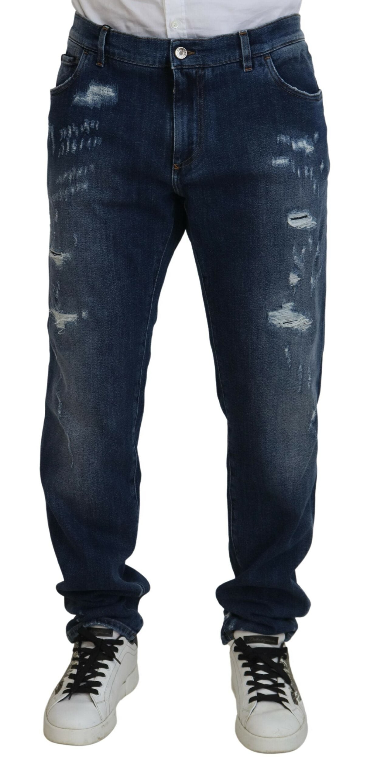 Dolce & Gabbana Blue Tattered Cotton Stretch Slim Denim Jeans -   -  Dolce & Gabbana.