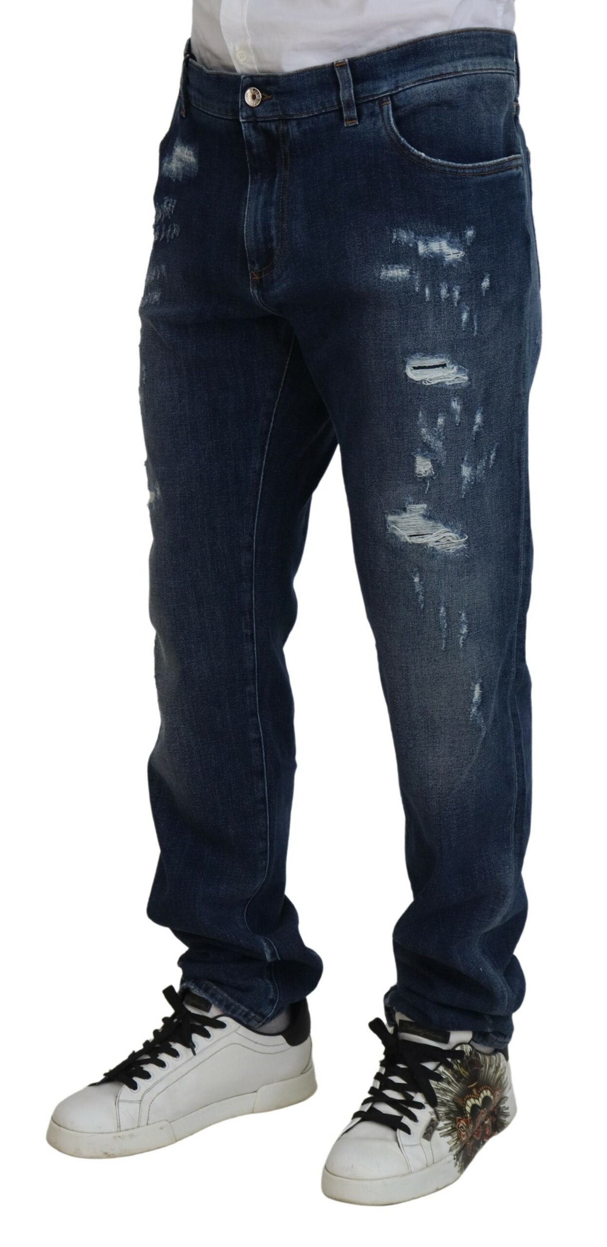 Dolce & Gabbana Blue Tattered Cotton Stretch Slim Denim Jeans -   -  Dolce & Gabbana.