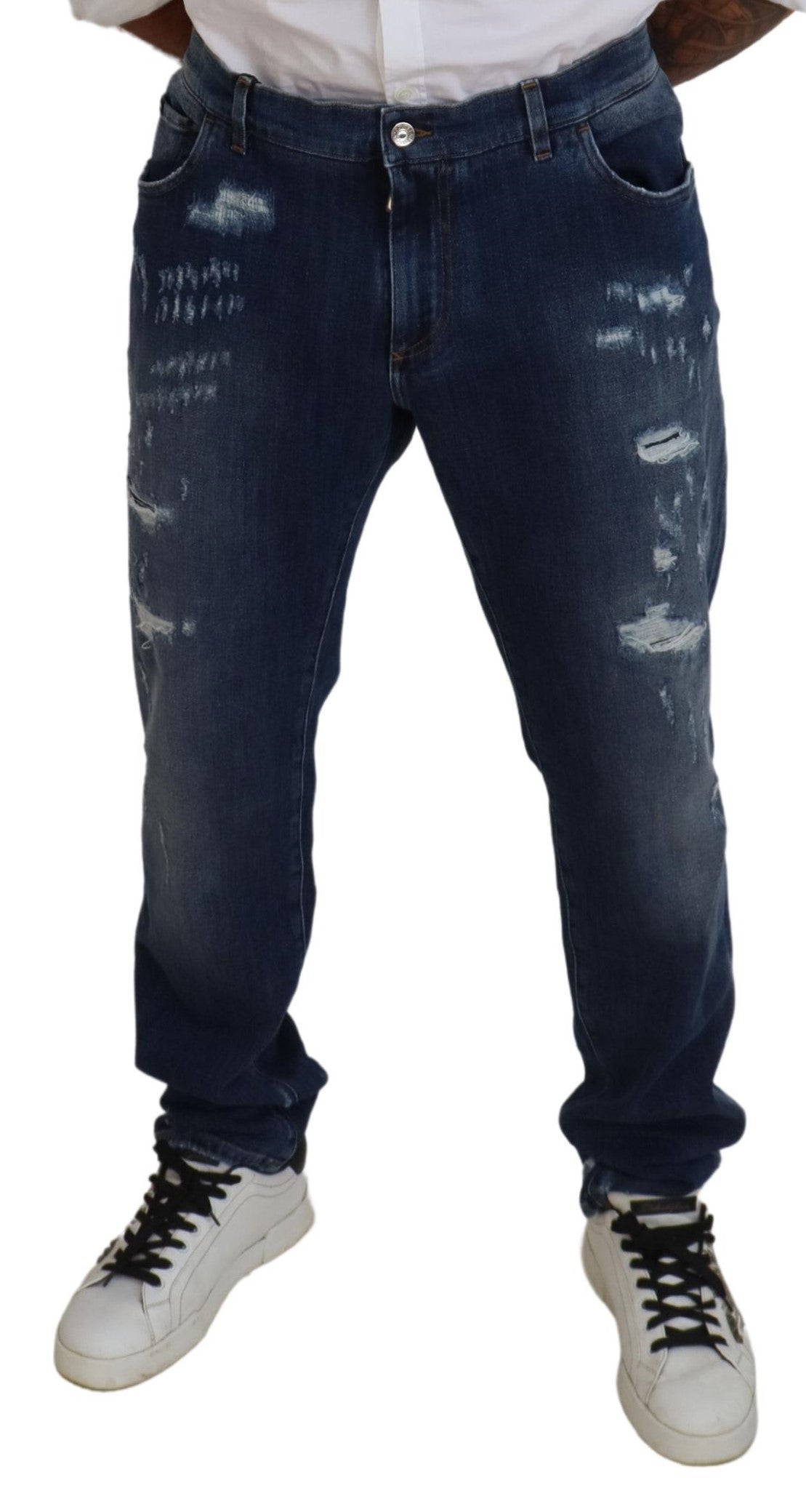Dolce & Gabbana Blue Tattered Cotton Stretch Slim Denim Jeans -   -  Dolce & Gabbana.