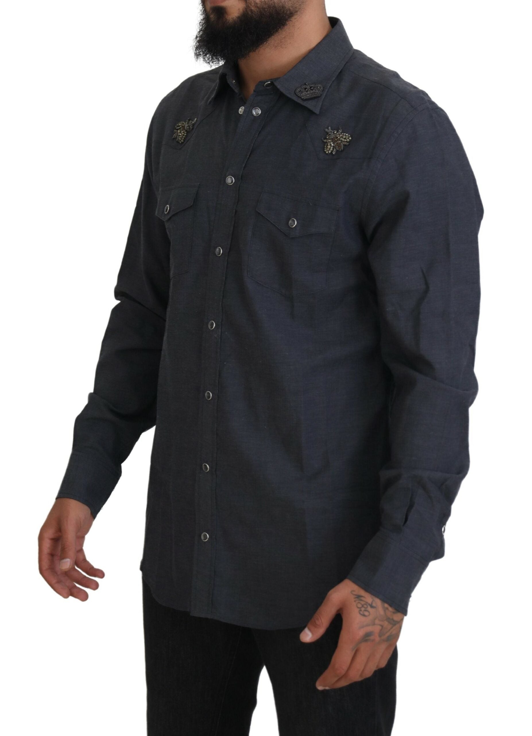 Dolce & Gabbana Blue Cotton Denim Crystal Bee Shirt -   -  Dolce & Gabbana.