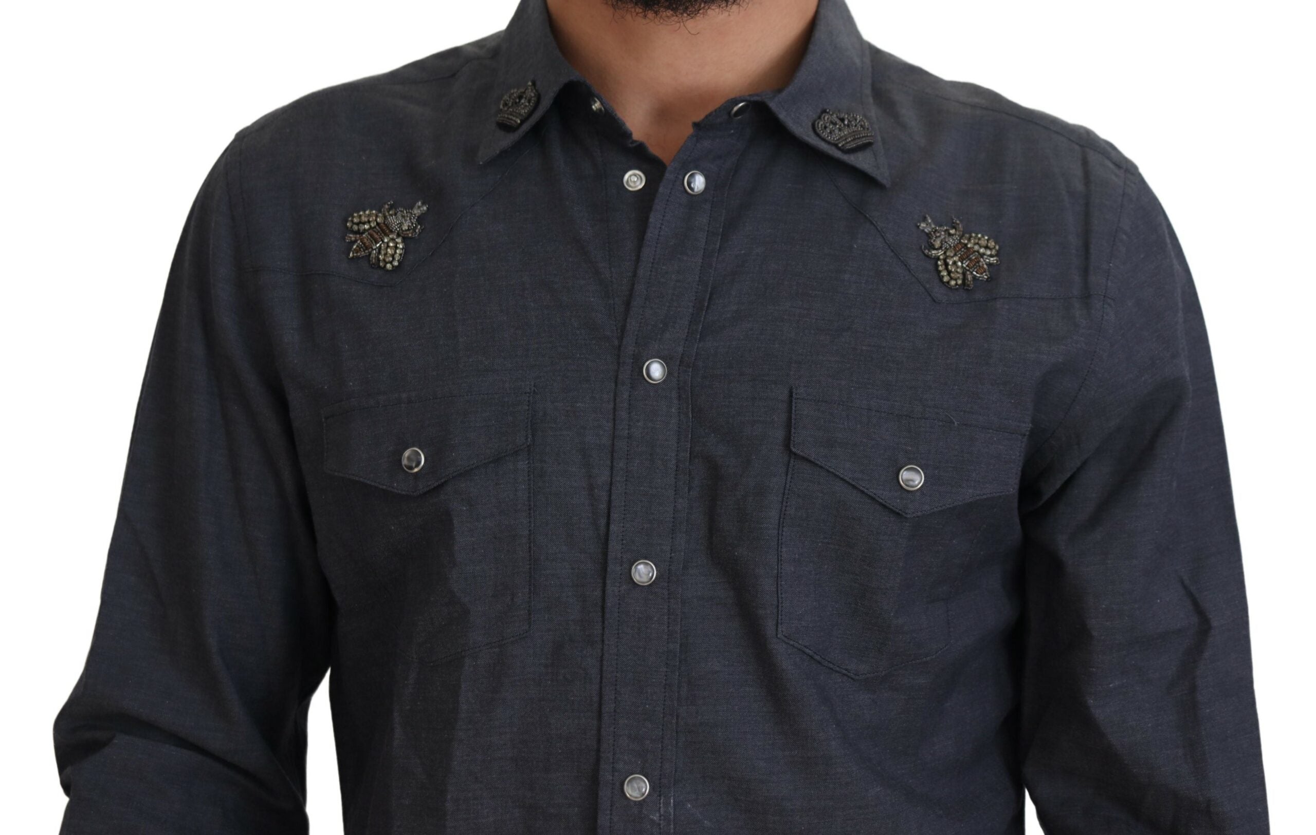 Dolce & Gabbana Blue Cotton Denim Crystal Bee Shirt -   -  Dolce & Gabbana.