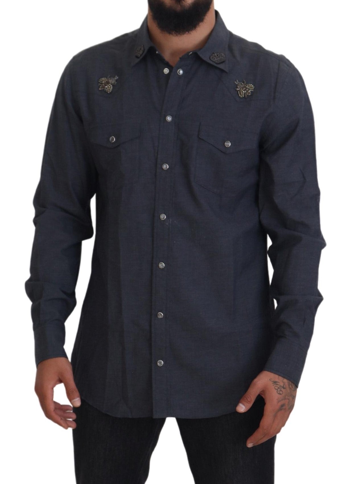 Dolce & Gabbana Blue Cotton Denim Crystal Bee Shirt -   -  Dolce & Gabbana.