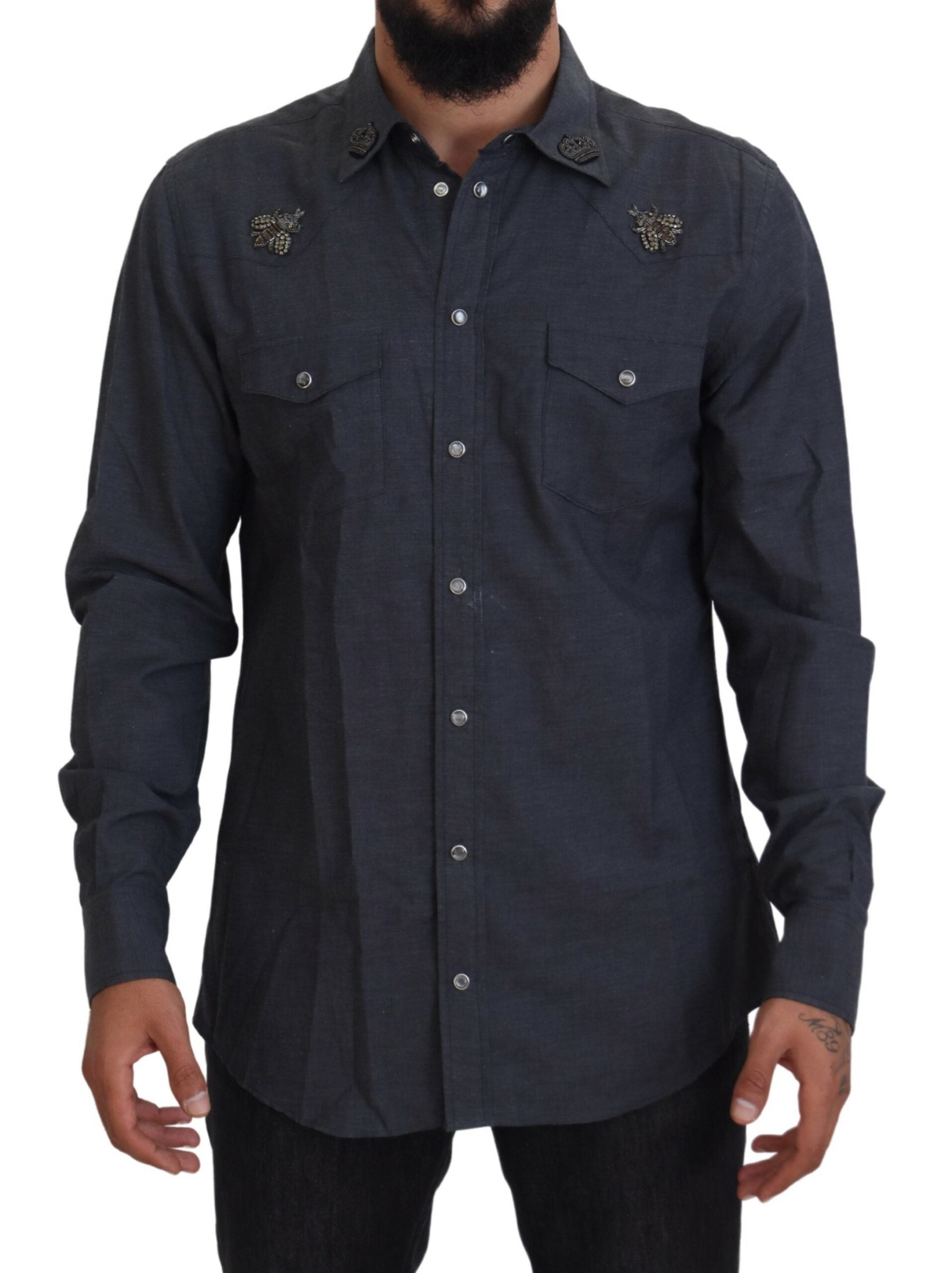 Dolce & Gabbana Blue Cotton Denim Crystal Bee Shirt -   -  Dolce & Gabbana.