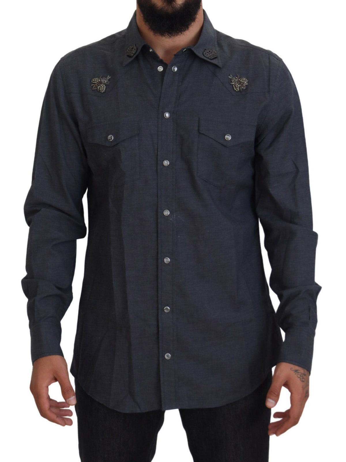 Dolce & Gabbana Blue Cotton Denim Crystal Bee Shirt -   -  Dolce & Gabbana.