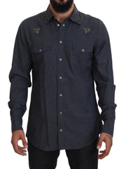 Dolce & Gabbana Blue Cotton Denim Crystal Bee Shirt -   -  Dolce & Gabbana.