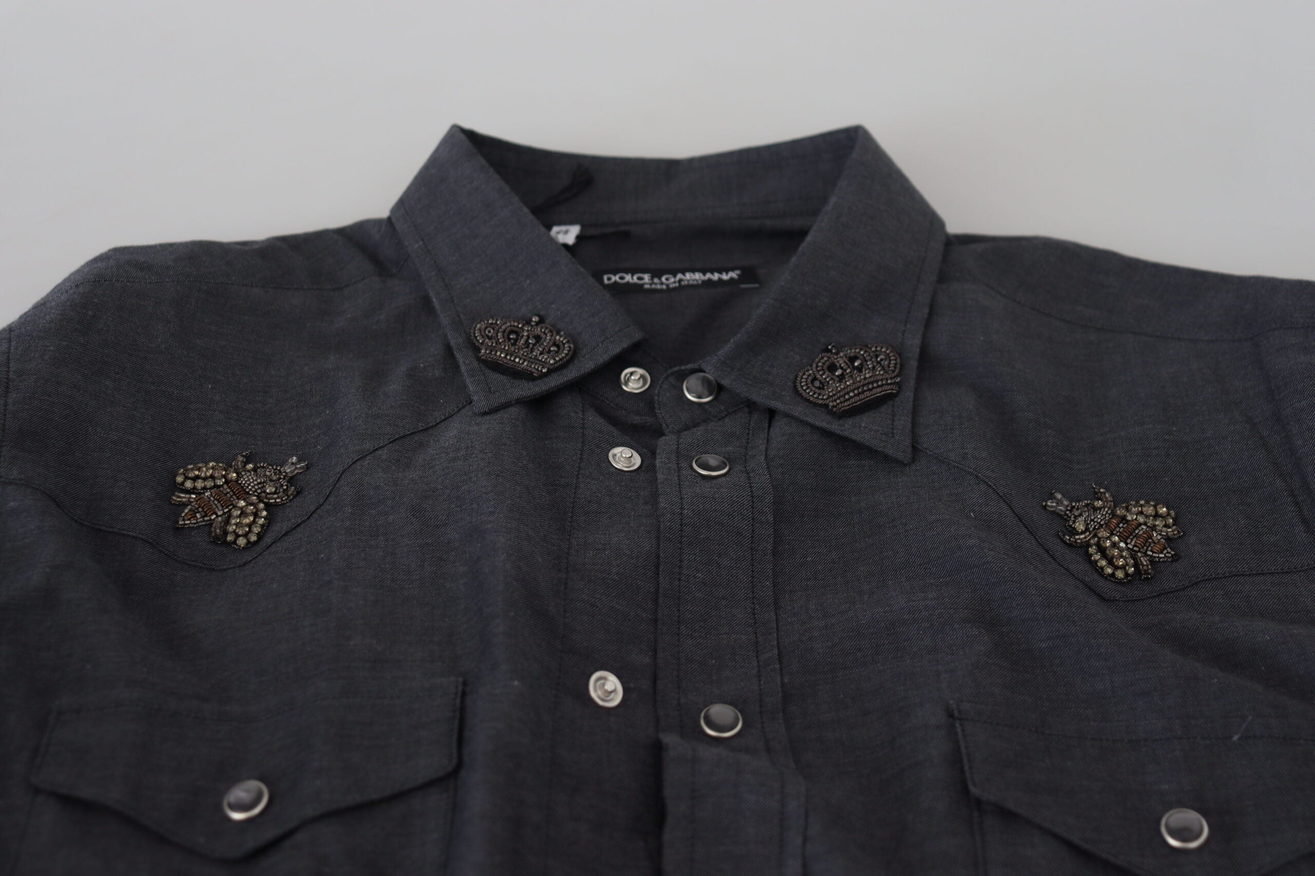 Dolce & Gabbana Blue Cotton Denim Crystal Bee Shirt -   -  Dolce & Gabbana.