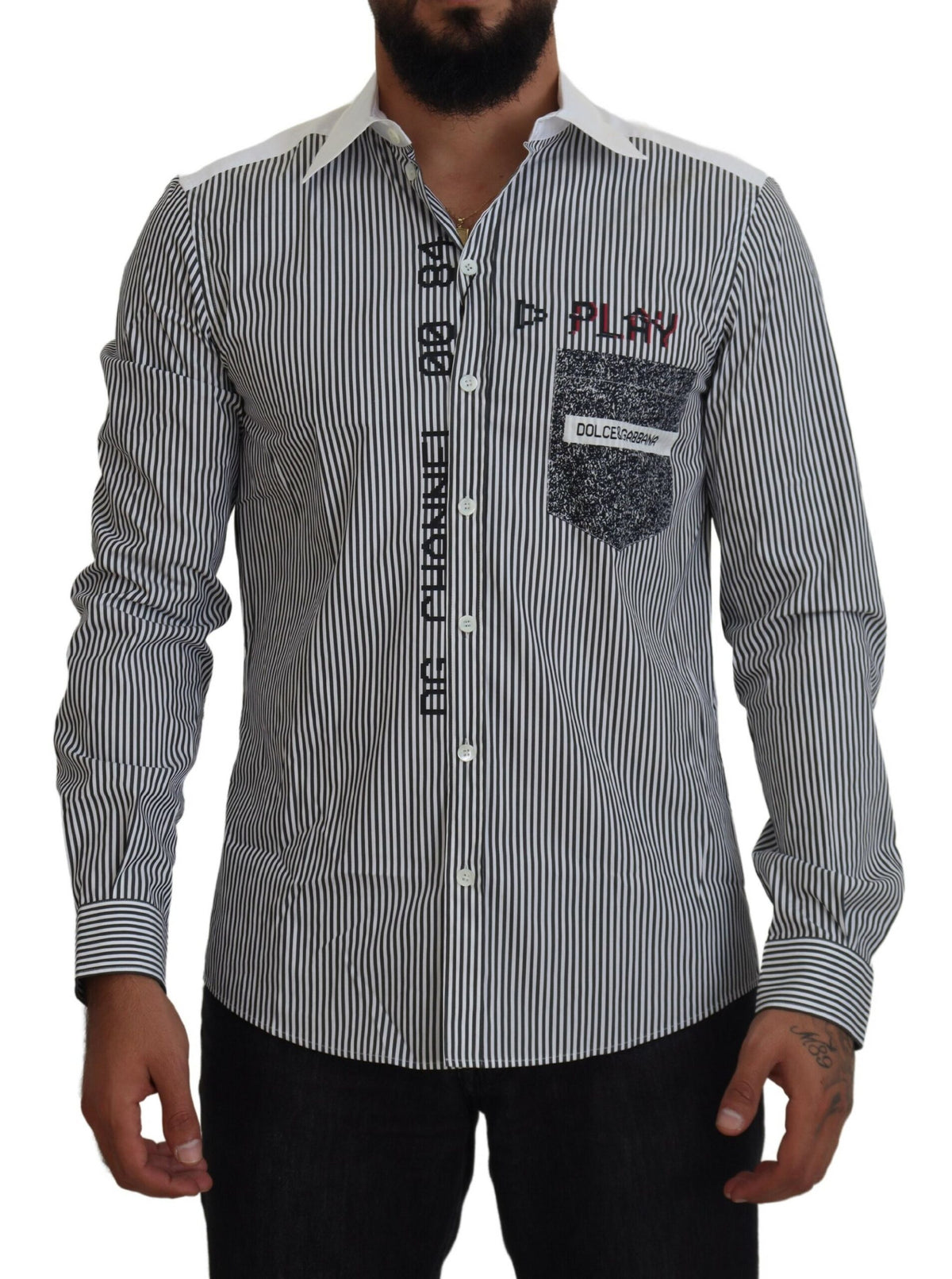 Dolce & Gabbana Gray White Striped Slim Fit Shirt -   -  Dolce & Gabbana.