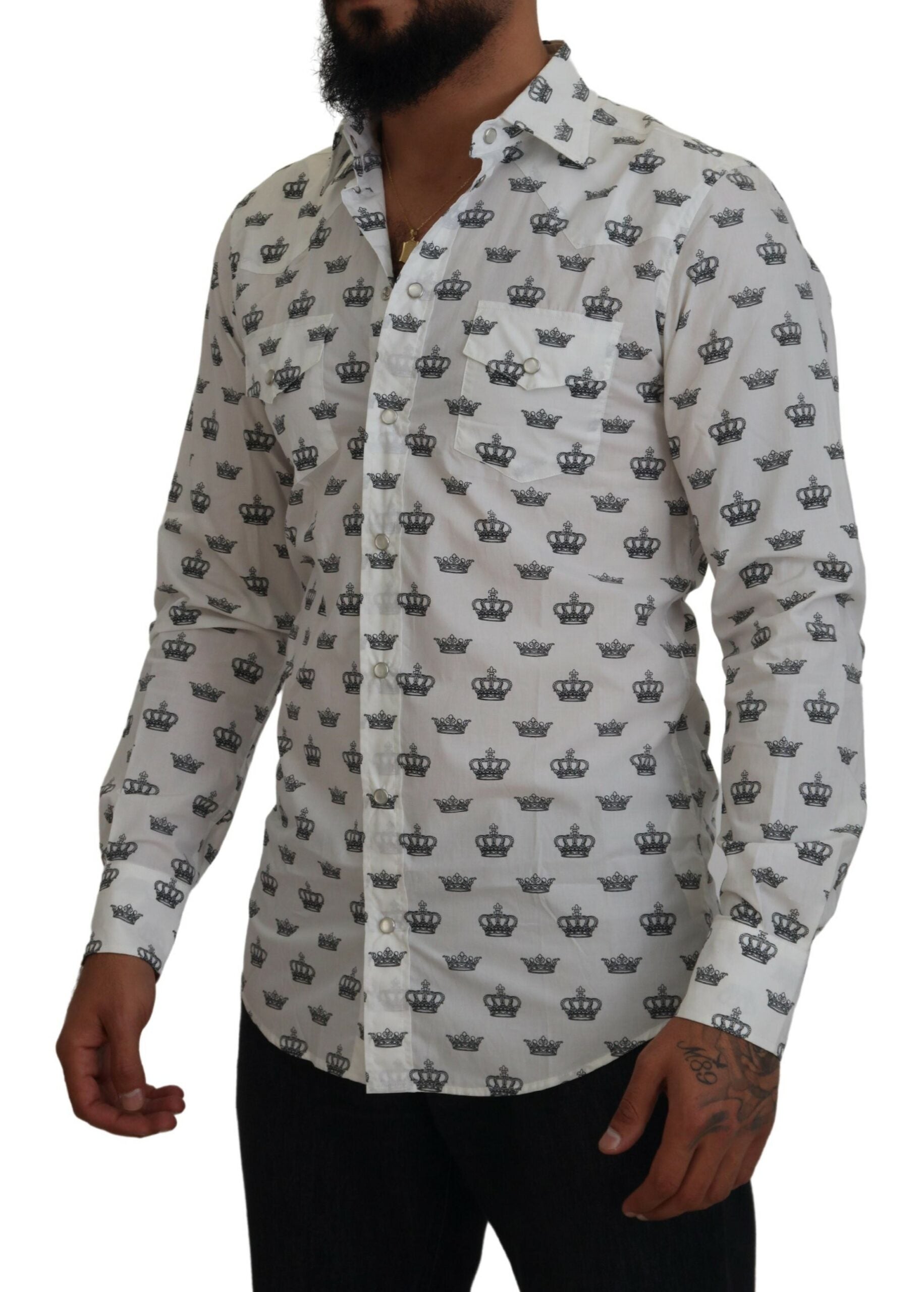 Dolce & Gabbana White Crown Print Slim Fit Cotton Shirt -   -  Dolce & Gabbana.