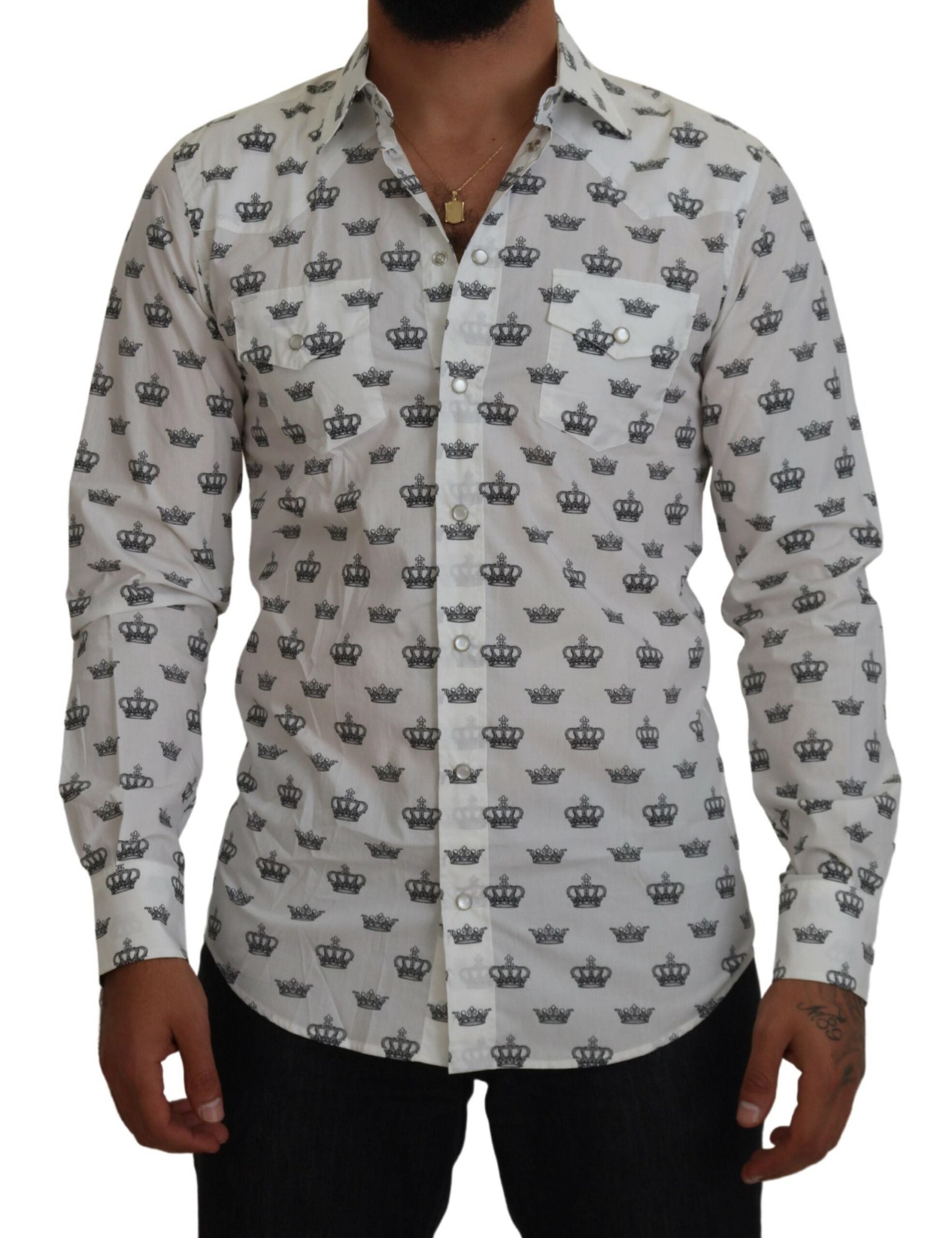 Dolce & Gabbana White Crown Print Slim Fit Cotton Shirt -   -  Dolce & Gabbana.