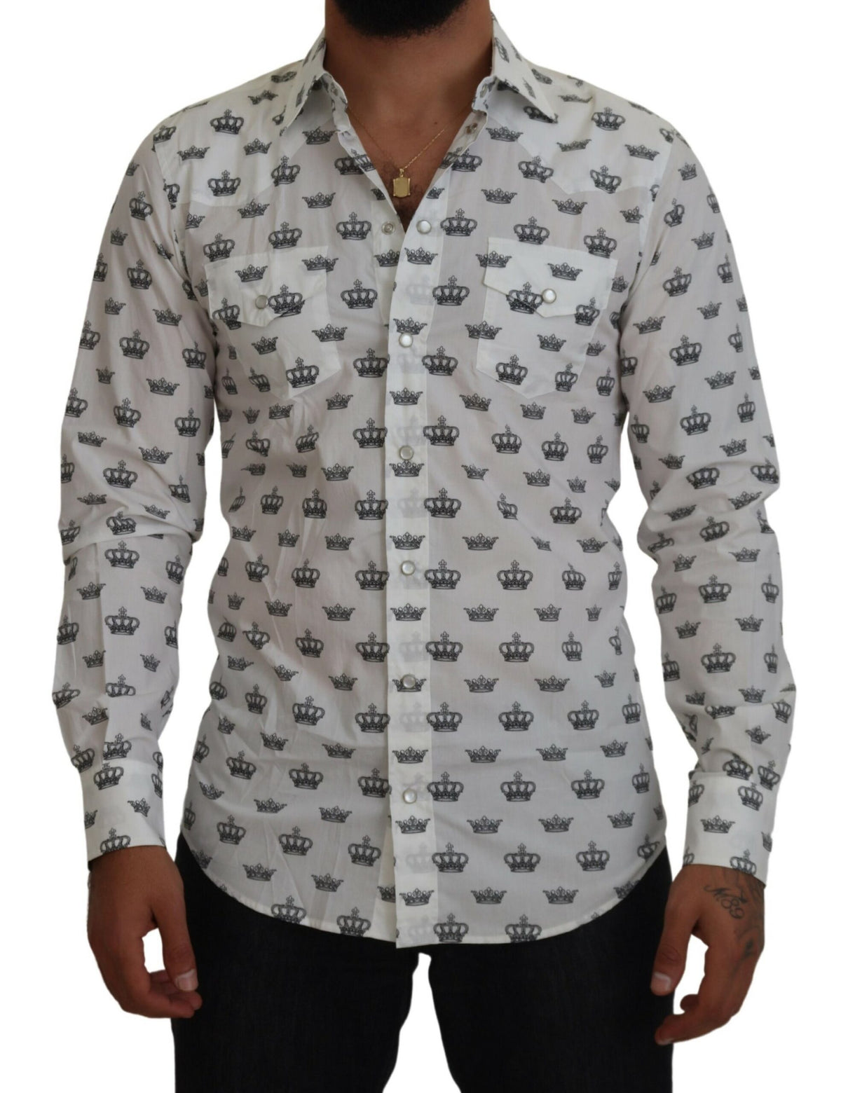 Dolce & Gabbana White Crown Print Slim Fit Cotton Shirt -   -  Dolce & Gabbana.