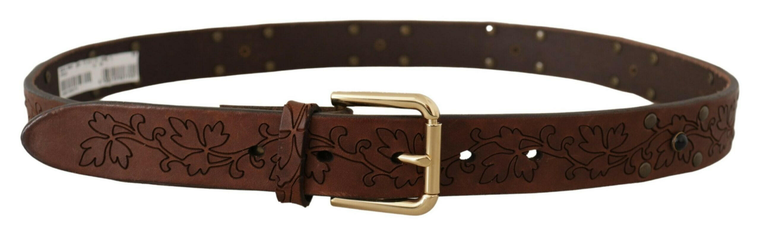 Dolce & Gabbana Brown Leather Floral Studded Metal Buckle Belt -   -  Dolce & Gabbana.