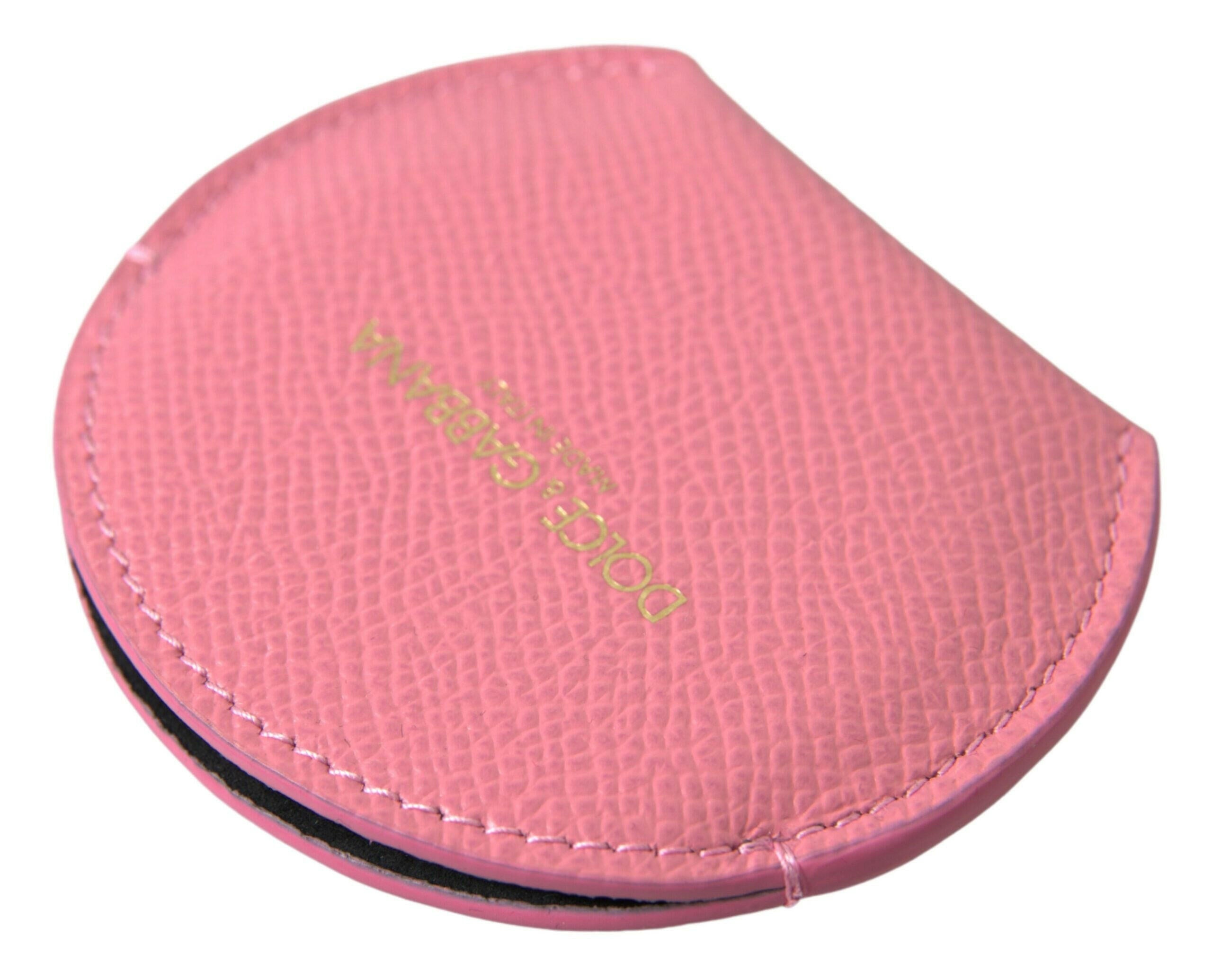 Dolce & Gabbana Pink Calfskin Leather Round Logo Print Hand Mirror Holder -   -  Dolce & Gabbana.