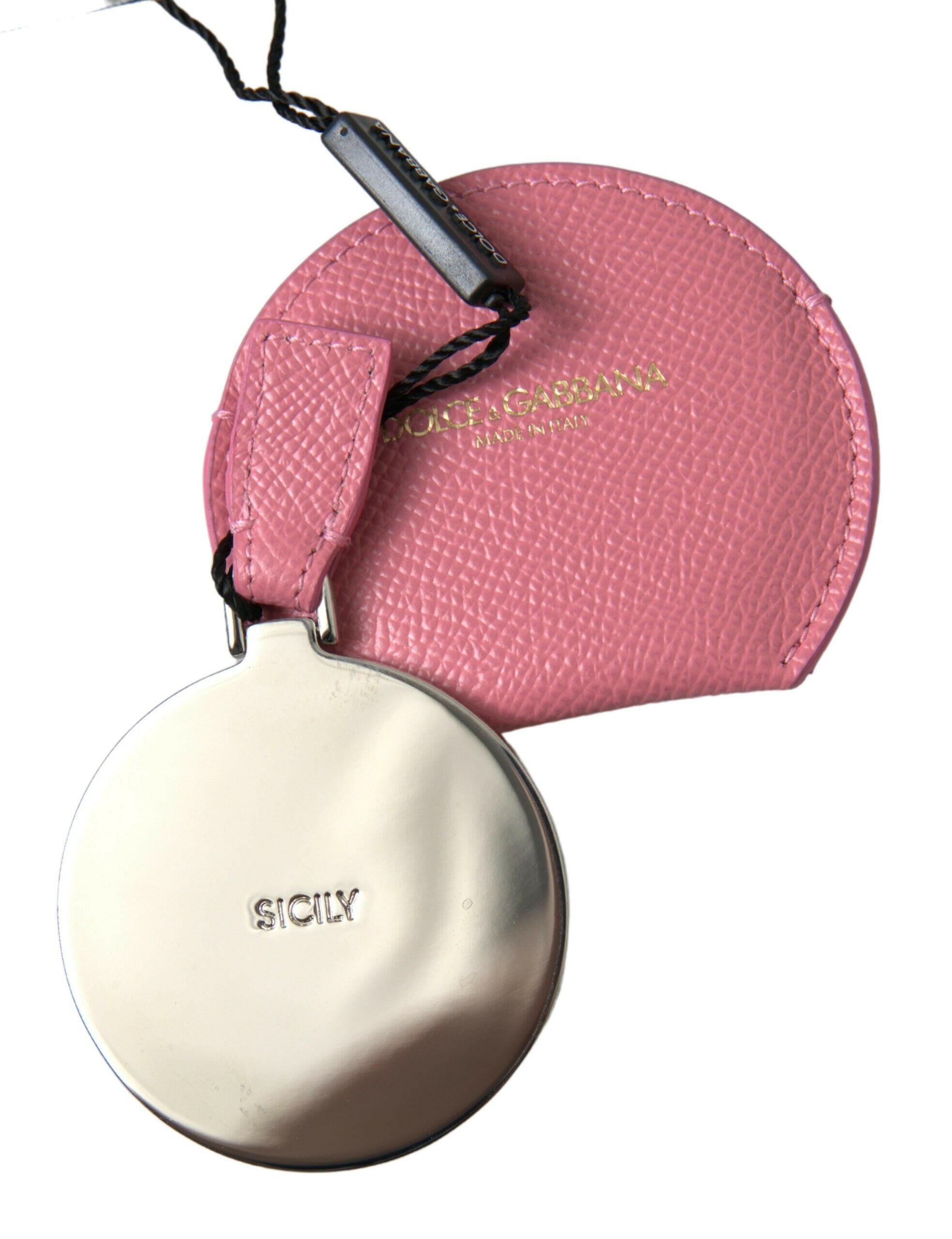 Dolce & Gabbana Pink Calfskin Leather Round Logo Print Hand Mirror Holder -   -  Dolce & Gabbana.