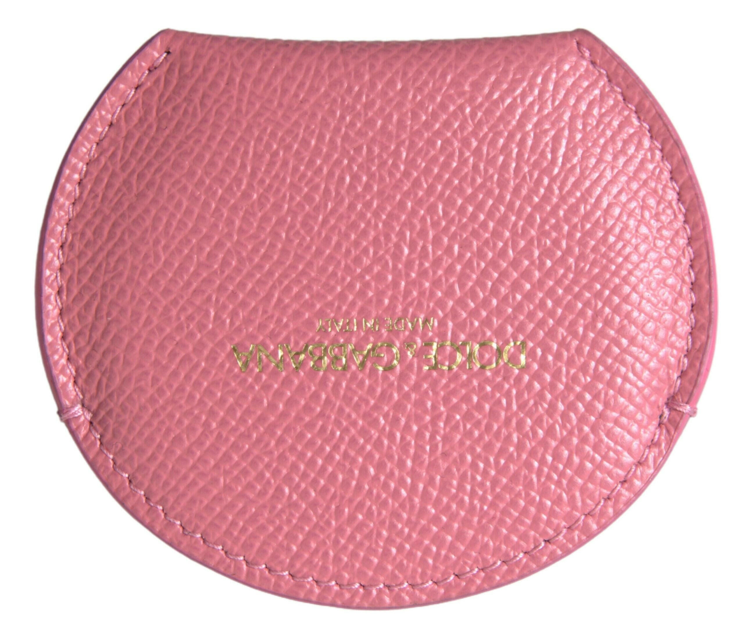 Dolce & Gabbana Pink Calfskin Leather Round Logo Print Hand Mirror Holder -   -  Dolce & Gabbana.