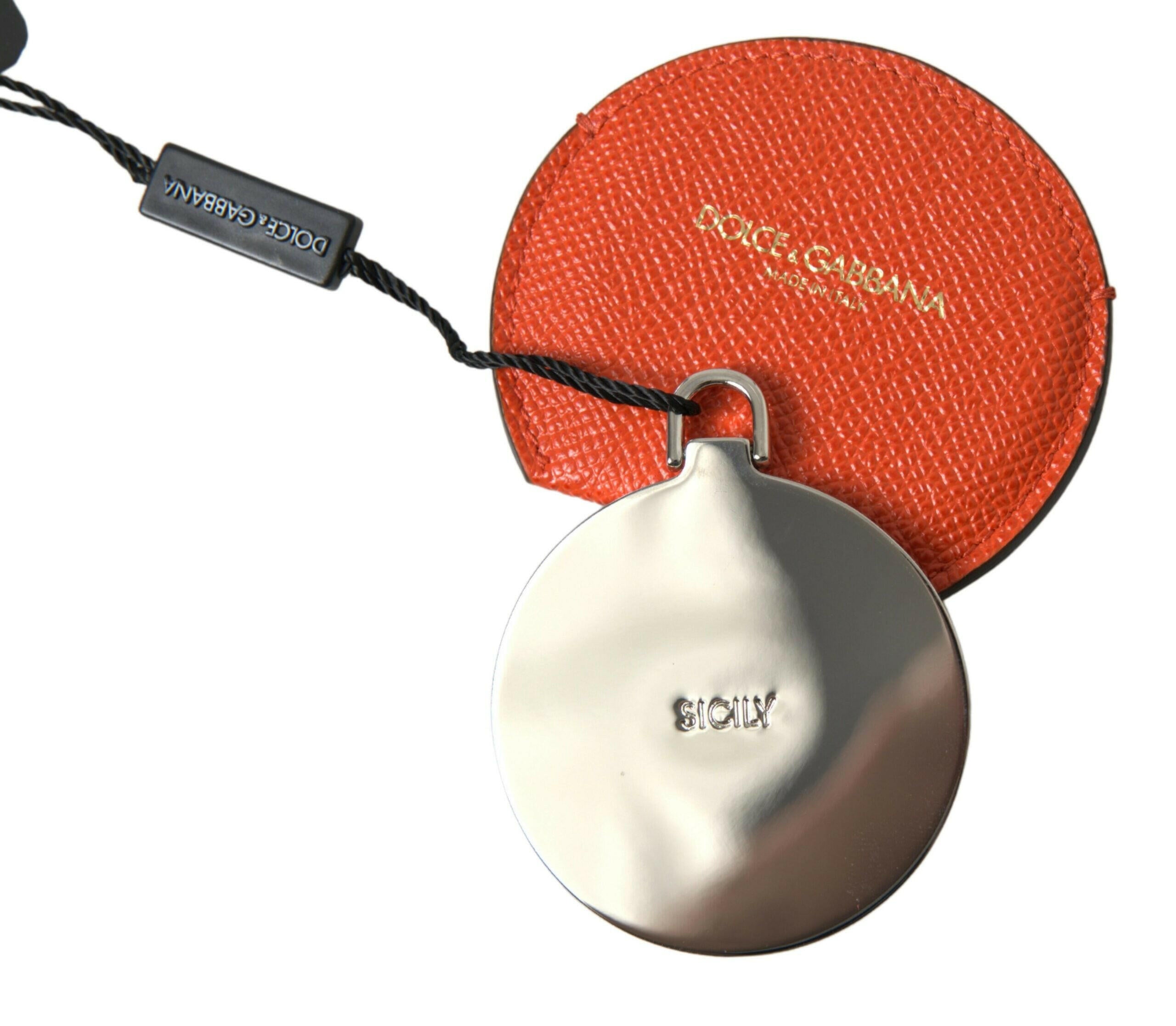 Dolce & Gabbana Orange Calfskin Leather Round Logo Hand Mirror Holder -   -  Dolce & Gabbana.