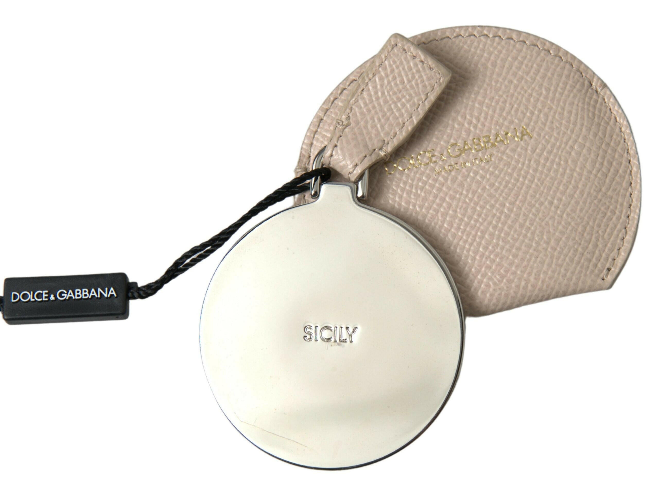 Dolce & Gabbana Beige Calfskin Leather Round Logo Hand Mirror Holder -   -  Dolce & Gabbana.