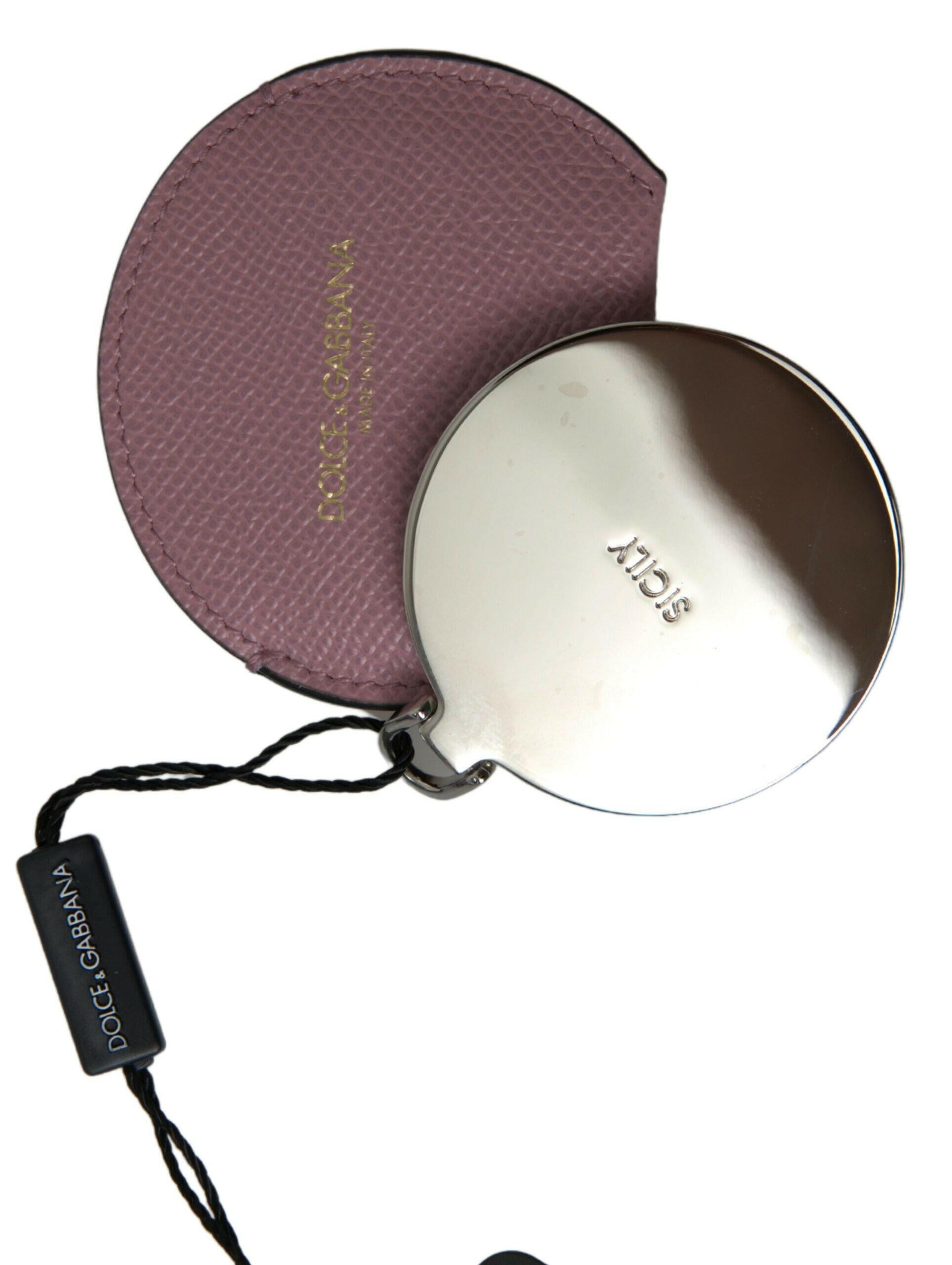 Dolce & Gabbana Pink Calfskin Leather Round Logo Print Hand Mirror Holder -   -  Dolce & Gabbana.