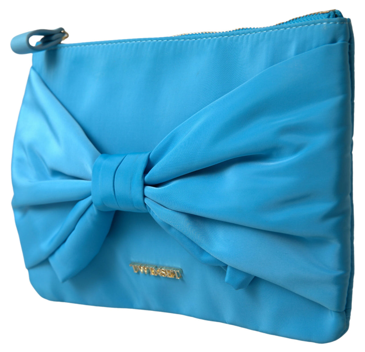 Twinset Blue Tafta Silk Large Bow Zipper Clutch Women Borse Logo Bag