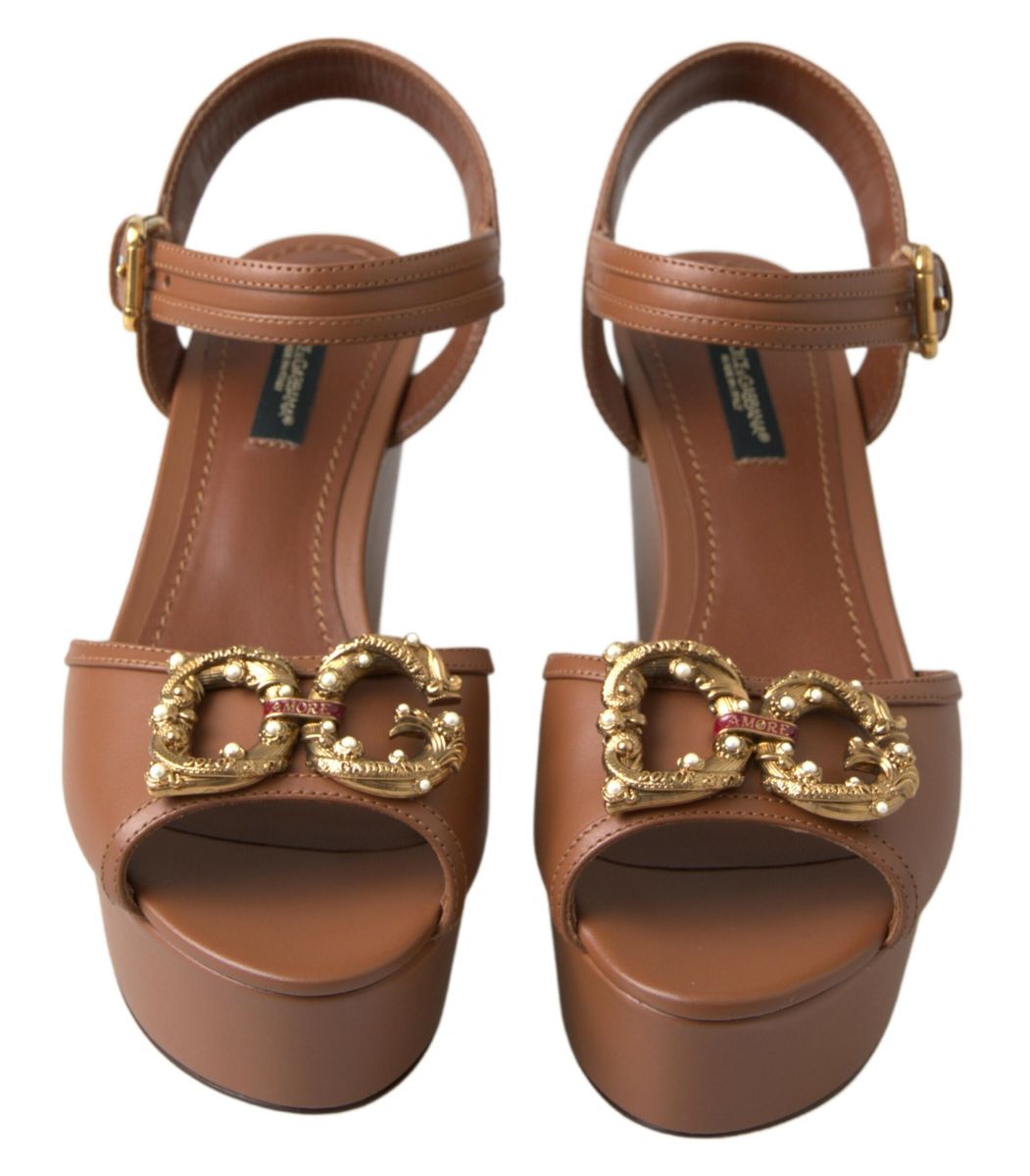 Dolce & Gabbana Brown Leather AMORE Wedges Sandals Shoes -   -  Dolce & Gabbana.