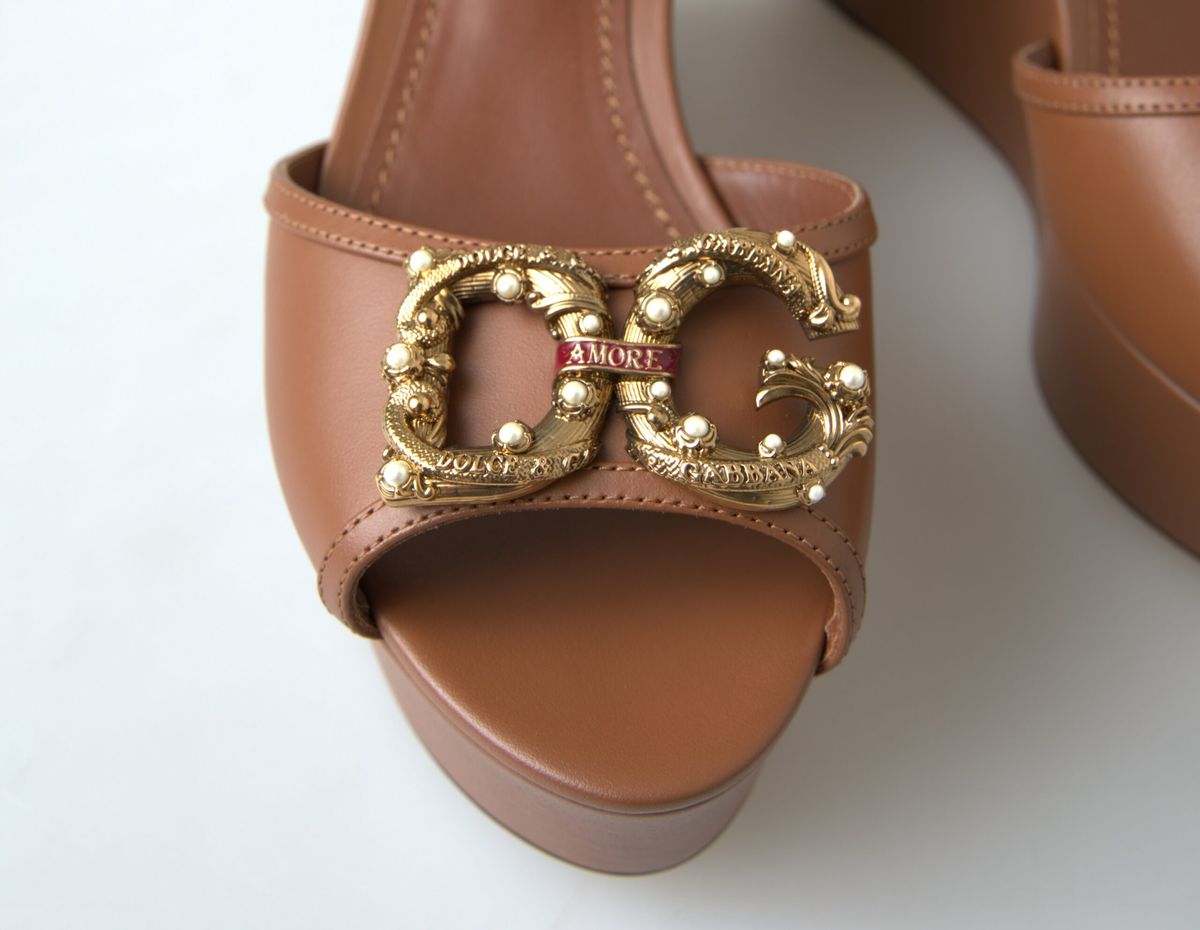 Dolce & Gabbana Brown Leather AMORE Wedges Sandals Shoes -   -  Dolce & Gabbana.