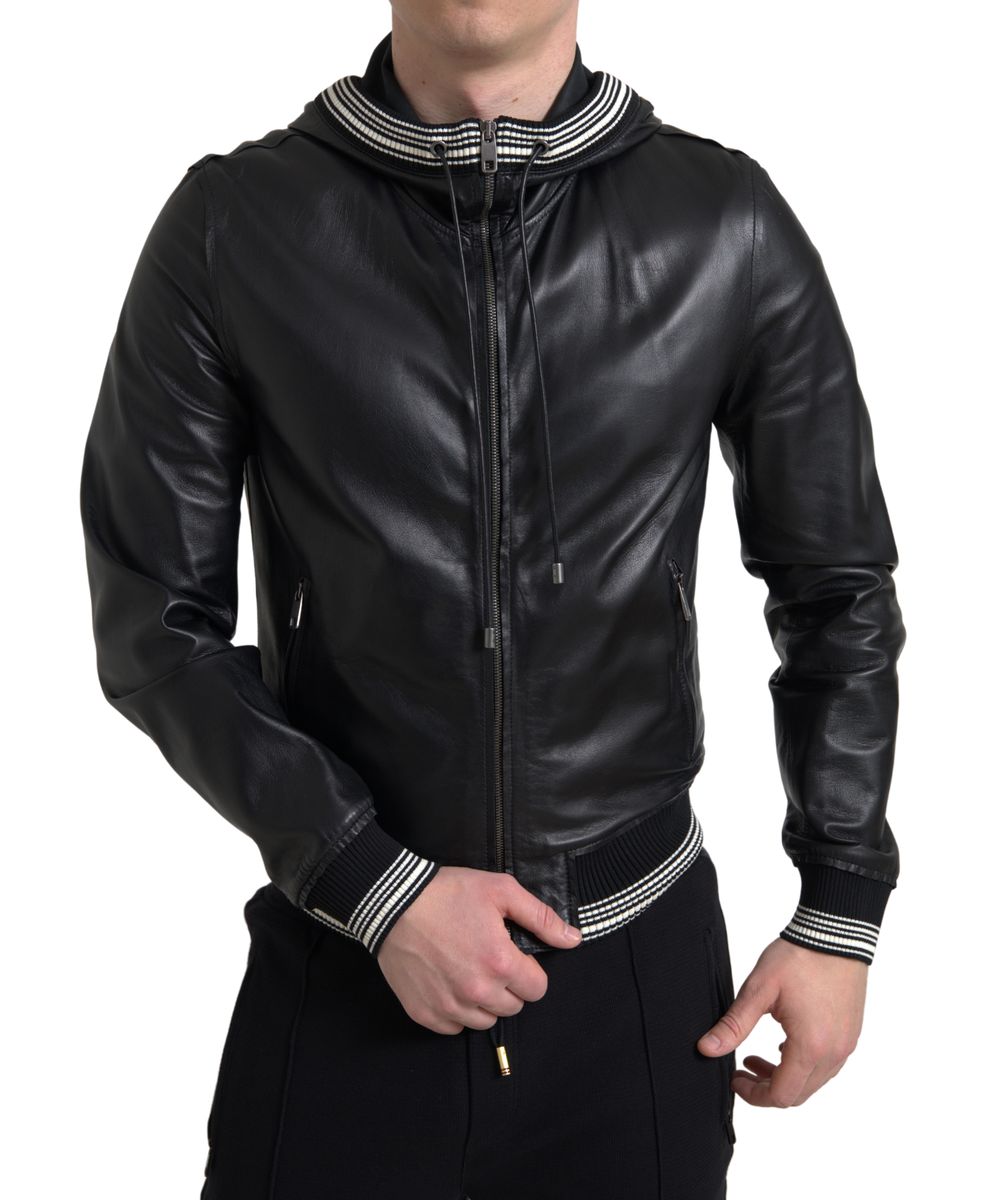 Dolce & Gabbana Black Leather Full Zip Hooded Men Jacket -   -  Dolce & Gabbana.