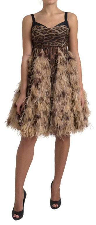 Dolce & Gabbana Brown Leopard Feather Chiffon Sleeveless Dress -   -  Dolce & Gabbana.