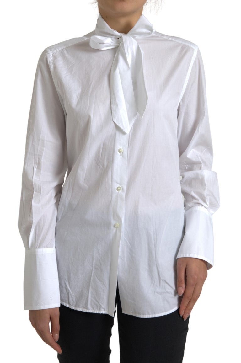 Dolce & Gabbana White Cotton Ascot Collar Long Sleeves Top -   -  Dolce & Gabbana.