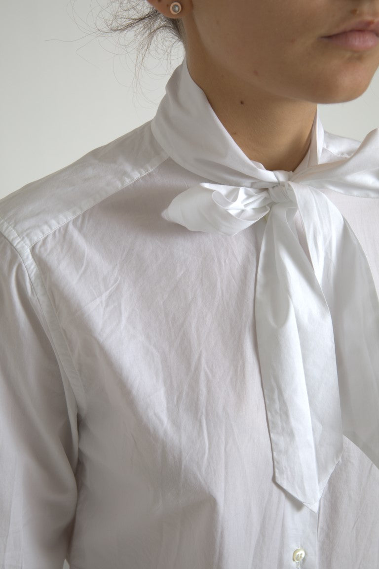 Dolce & Gabbana White Cotton Ascot Collar Long Sleeves Top -   -  Dolce & Gabbana.