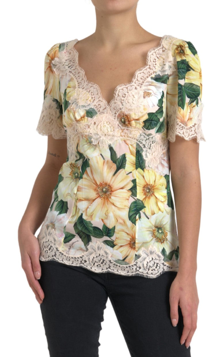 Dolce & Gabbana Multicolor Floral Lace V Neck Blouse -   -  Dolce & Gabbana.