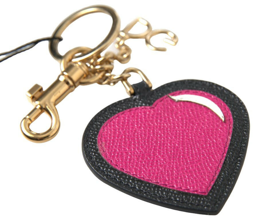 Dolce & Gabbana Black Fuchsia Heart Leather Gold Metal Keyring Keychain -   -  Dolce & Gabbana.